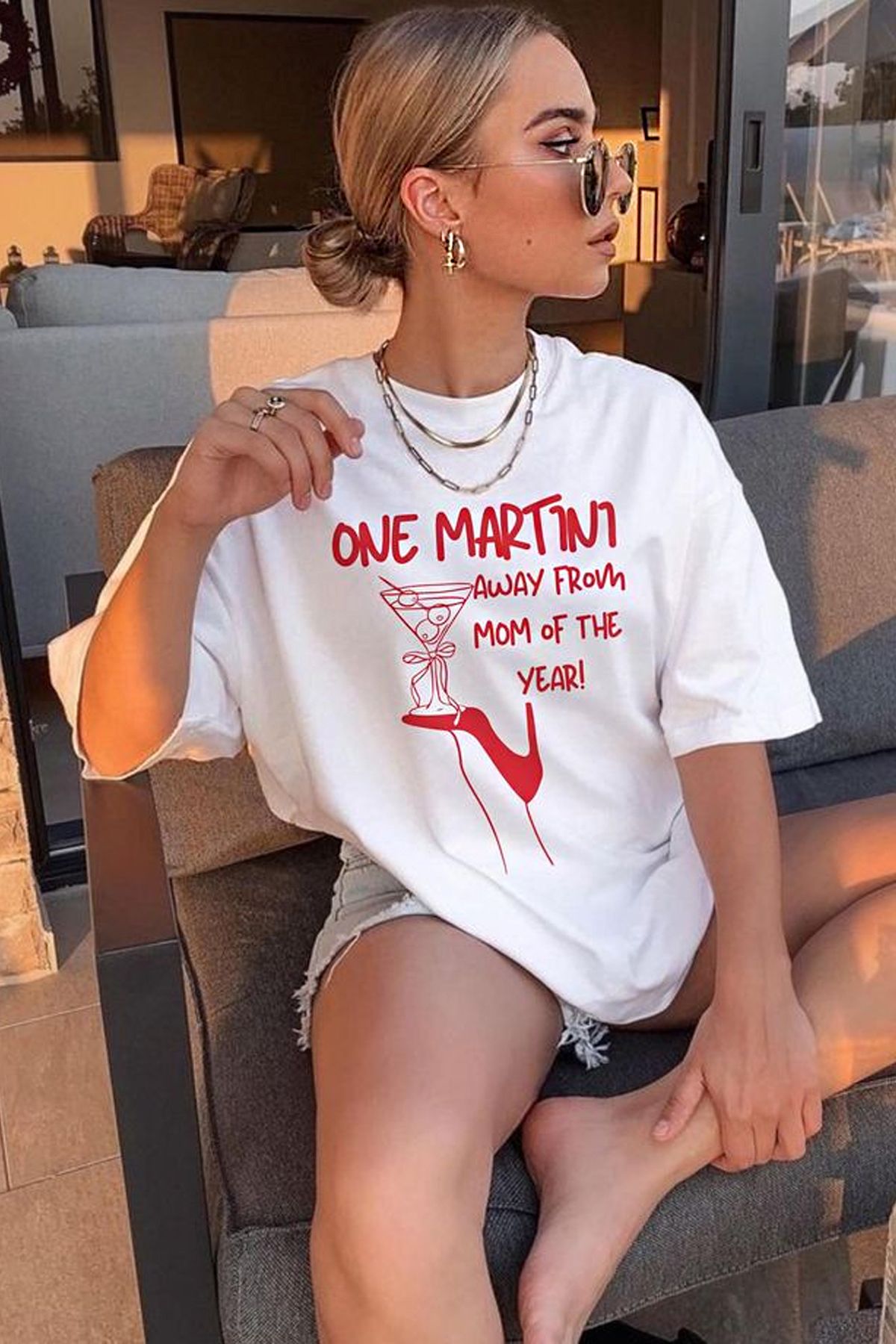 3 ROPE One Martini Baskılı Oversize Beyaz Unisex T-Shirt Tişört