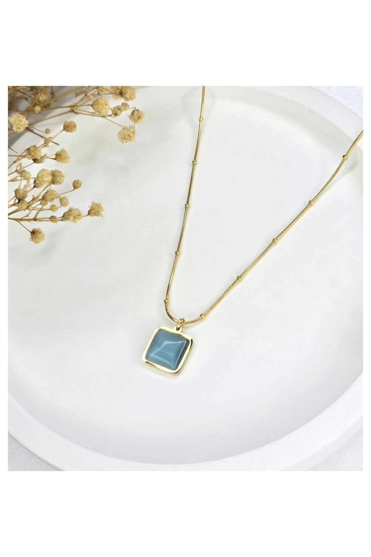NK GOLD DORİKA ZİNCİR OPAL TAŞLI KARE KOLYE