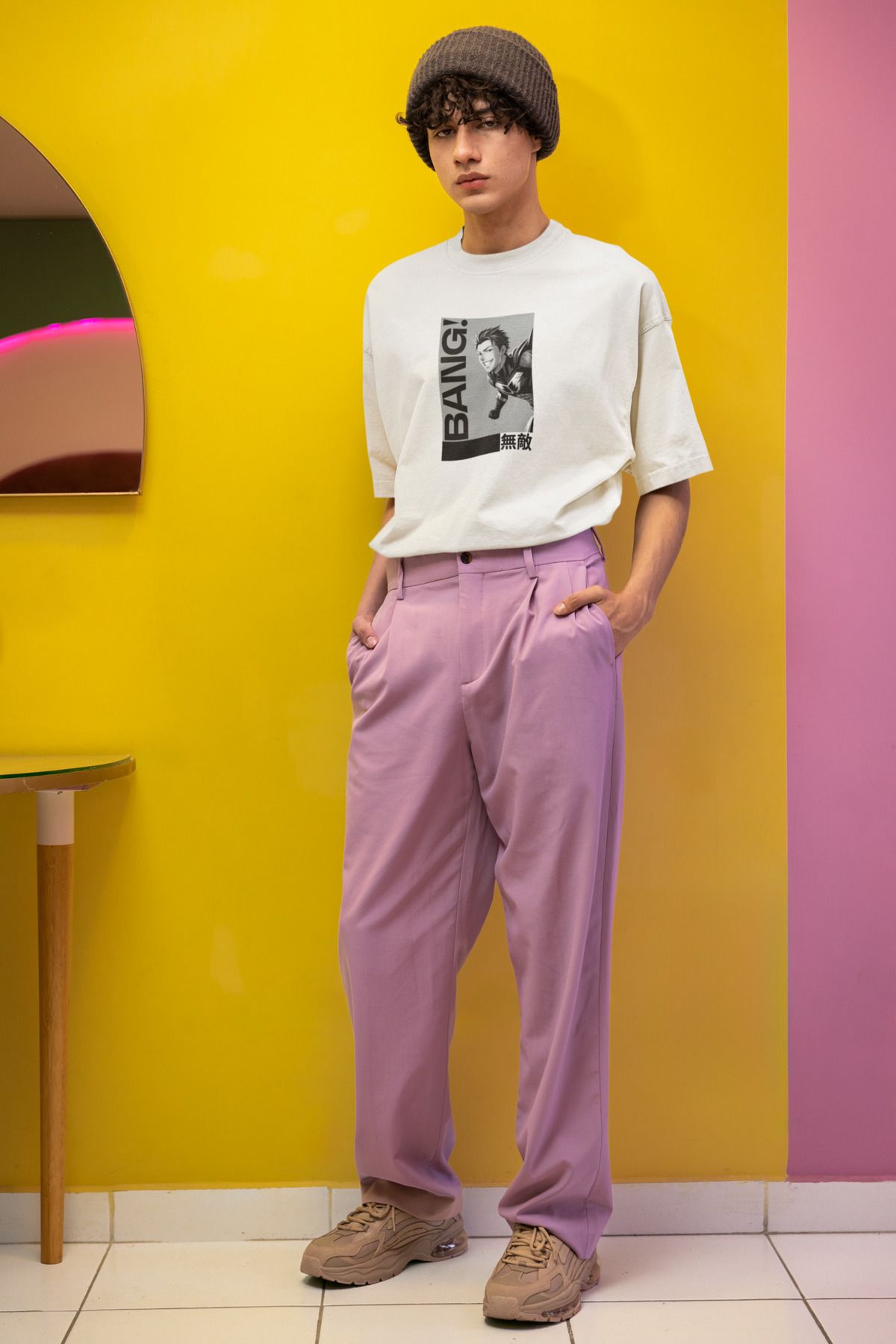 Was Plus Unisex Beyaz Oversize %100 Pamuklu "Bang ! "Manga Kahraman Baskılı T-shirt