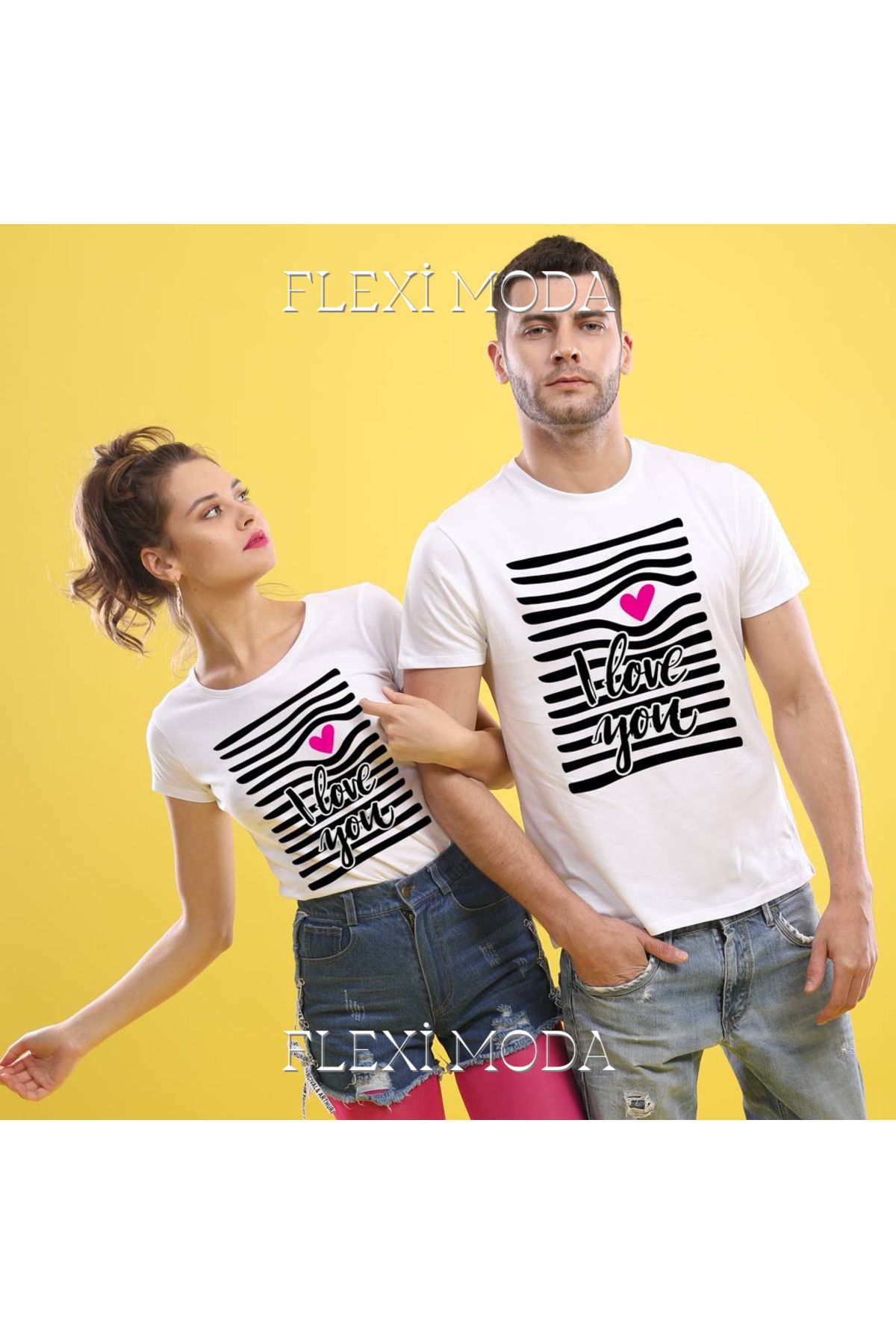Hunors Sportswear & Company I Love You Lines Yazılı Sevgili Çift Kombini Oversize 2'li Tişört