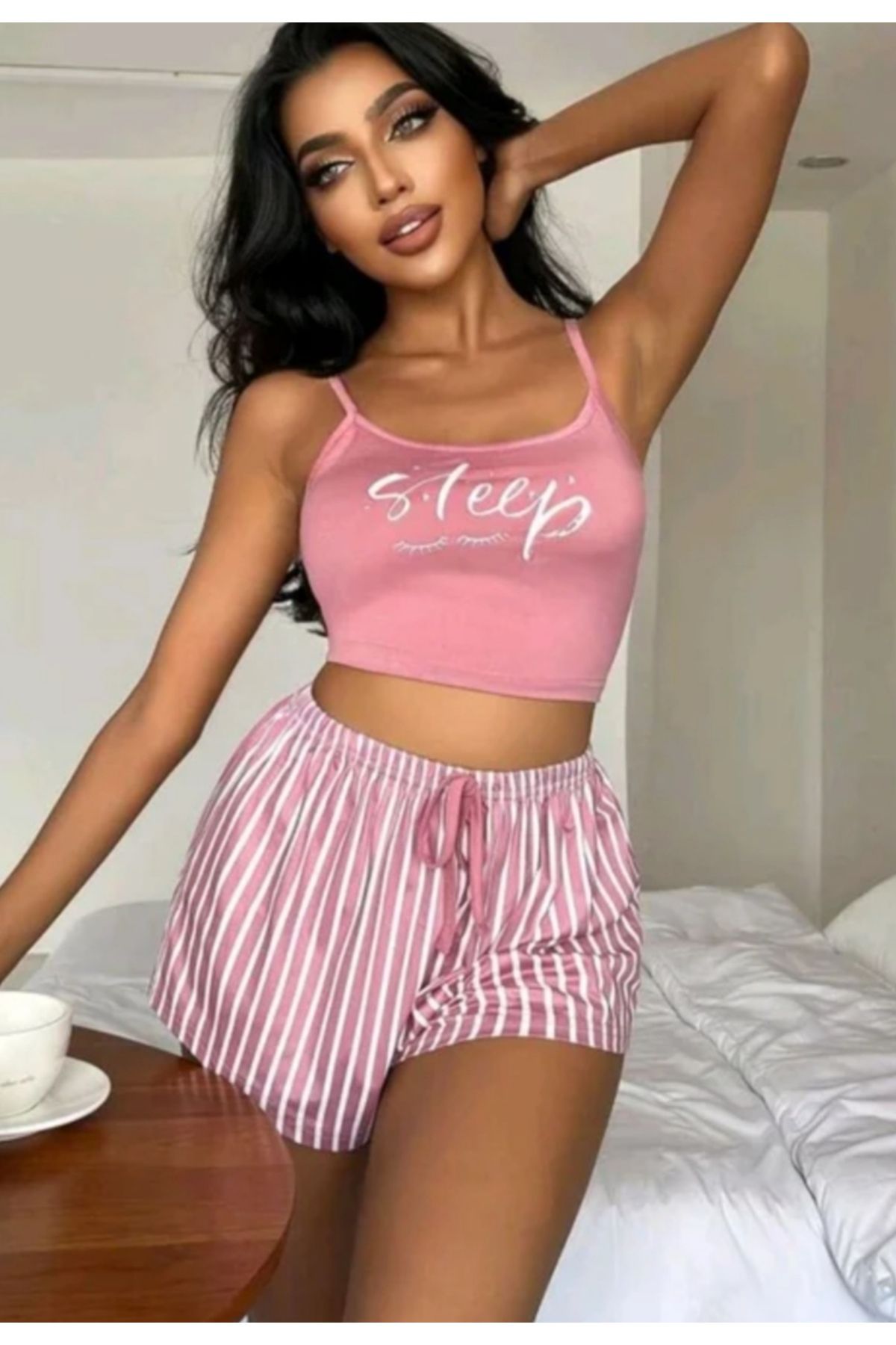 Ruselin Kadın pembe çizgili desen Askılı Şortlu Pijama Takım 9002