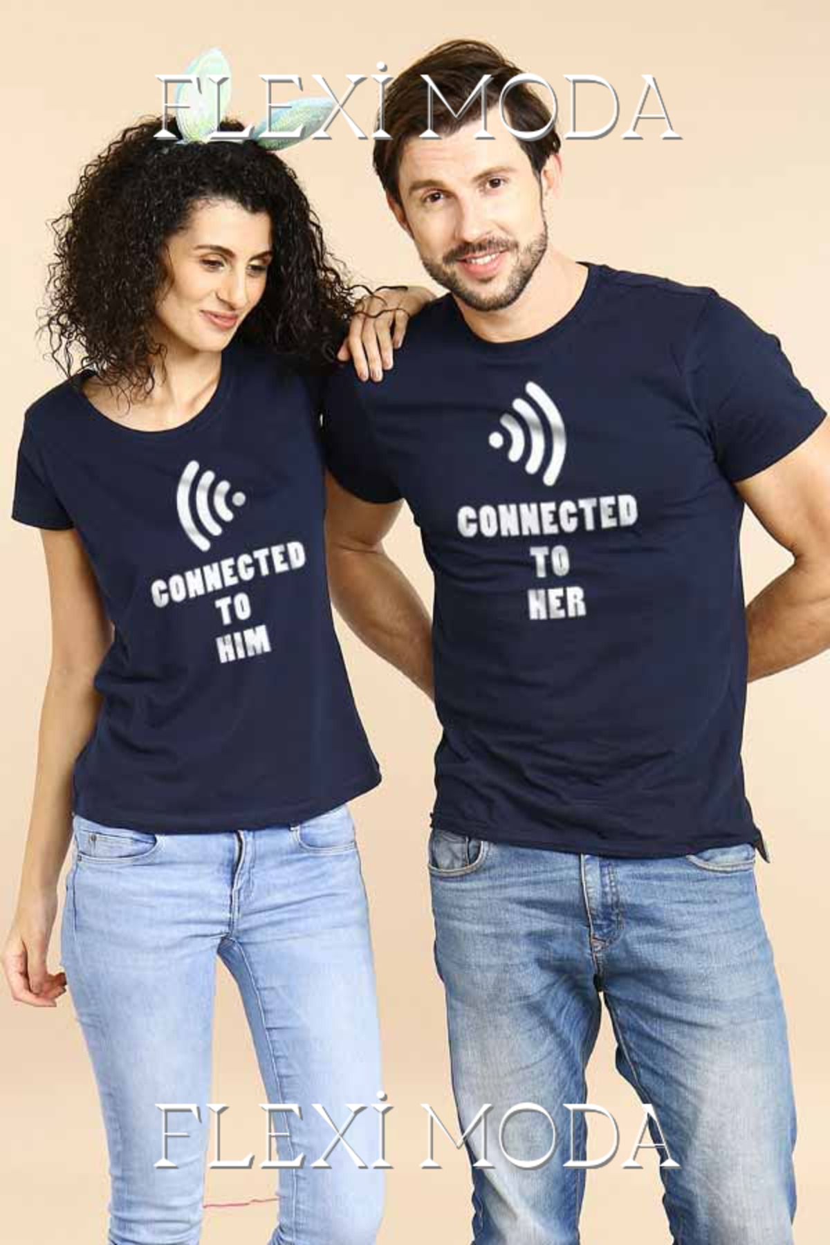 Hunors Sportswear & Company Connected to Her/ Connected to him Yazılı Sevgili Çift Kombini Oversize 2'li Tişört