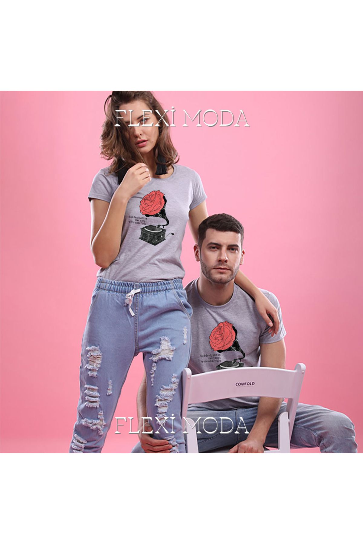 Hunors Sportswear & Company All Love Songs Were About You Yazılı Sevgili Çift Kombini Oversize 2'li Tişört