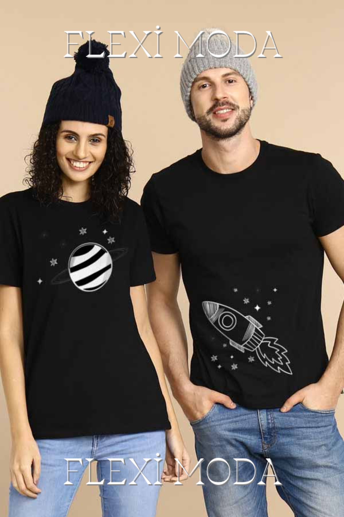 Hunors Sportswear & Company Space Art Temalı Sevgili Çift Kombini Oversize 2'li Tişört
