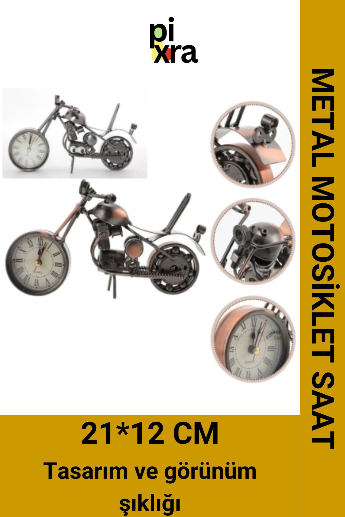 Saatistan Renkli Vintage Motosiklet Masa Saati, Metal, Pilli, Alarmlı, Dekoratif Tasarım