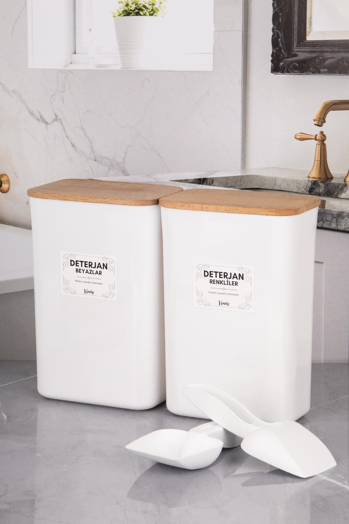 naturelove 2 'li Ölçekli Beyaz Ahşap Vakum Kapak Renkliler Beyazlar Toz Deterjan Saklama Düzenleme Kutusu 3 LT