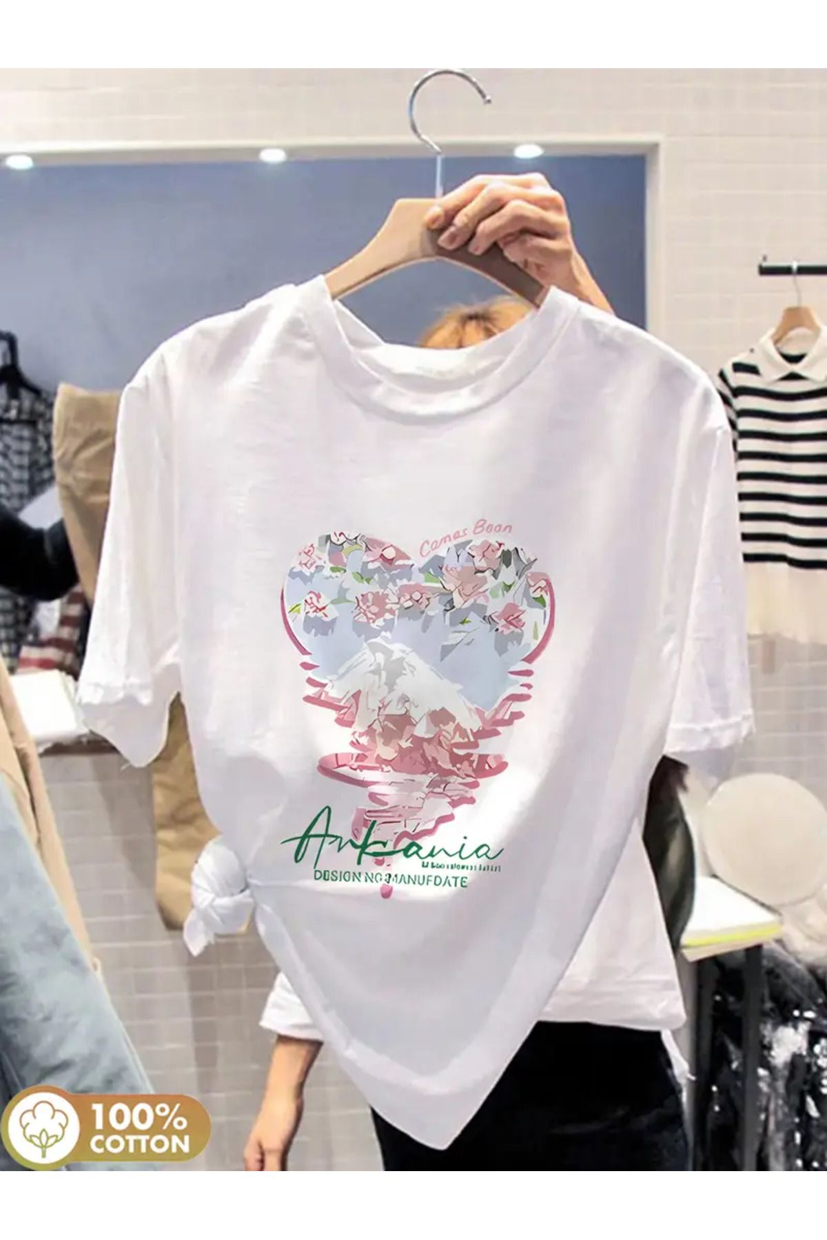 CLASİVA Kadın Kalp Baskılı Oversize Bisiklet Yaka t-shirt