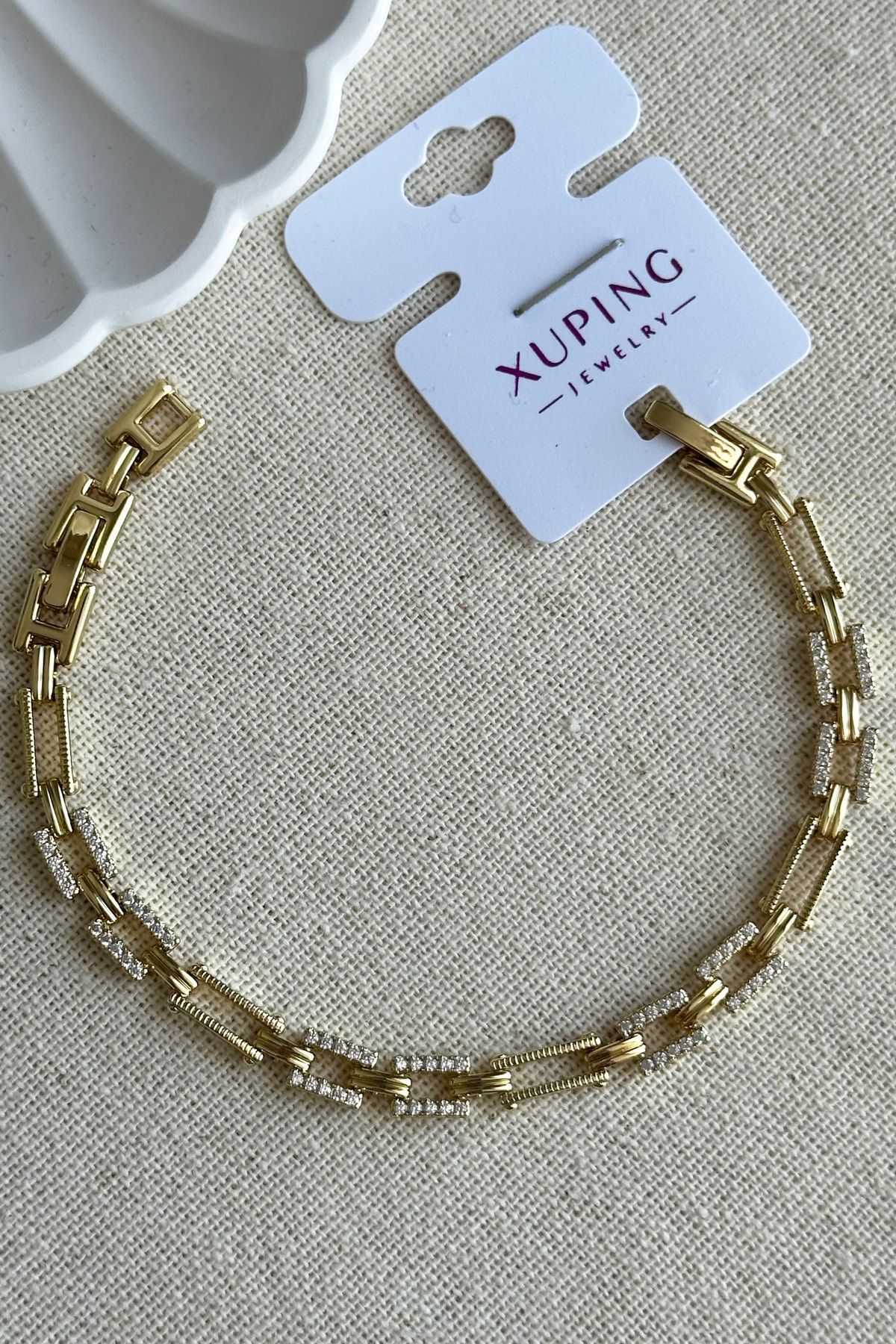 Modacaprea Xuping 14K Taşlı Dikdörtgen Zincir Kadın Bileklik – 17+2 cm | Altın Renk Kararmaz Xuping Takı