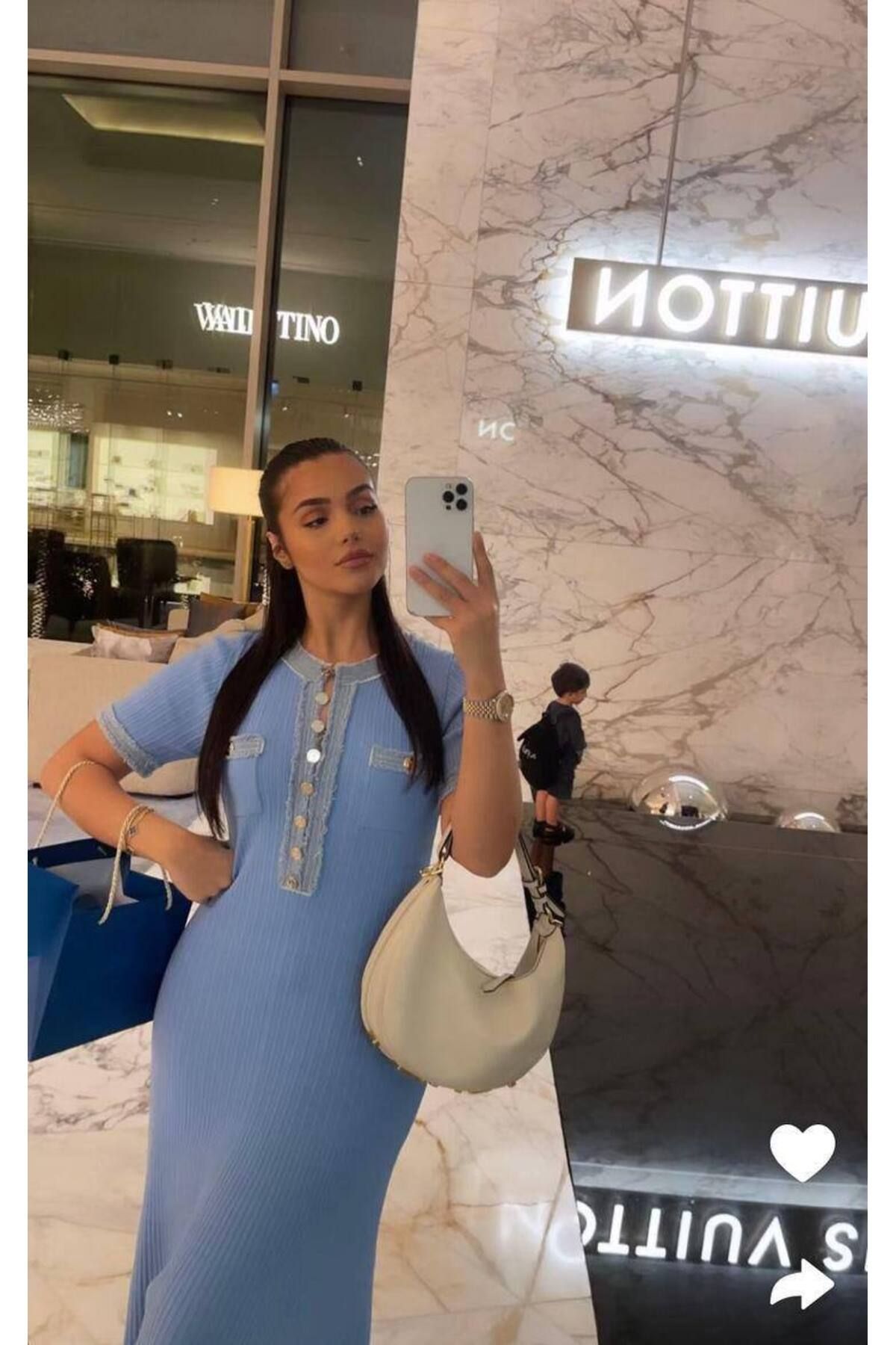 Abalı Yeni-Triko sezon Kot Detay V yaka Düğmeli Elbise .