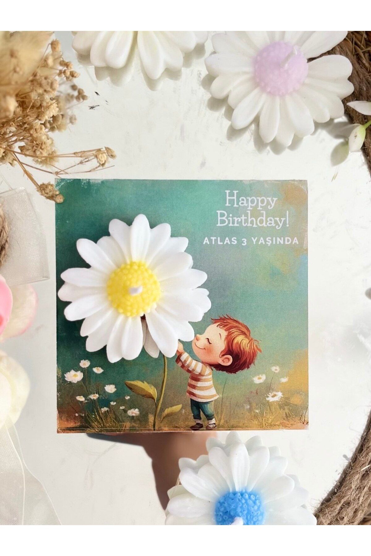 GUGES 10 Adet Özel Tasarlanmış Kart Ve Papatya Mum. Bebek Doğum, Babyshower, Doğum Günü, Hediyelik