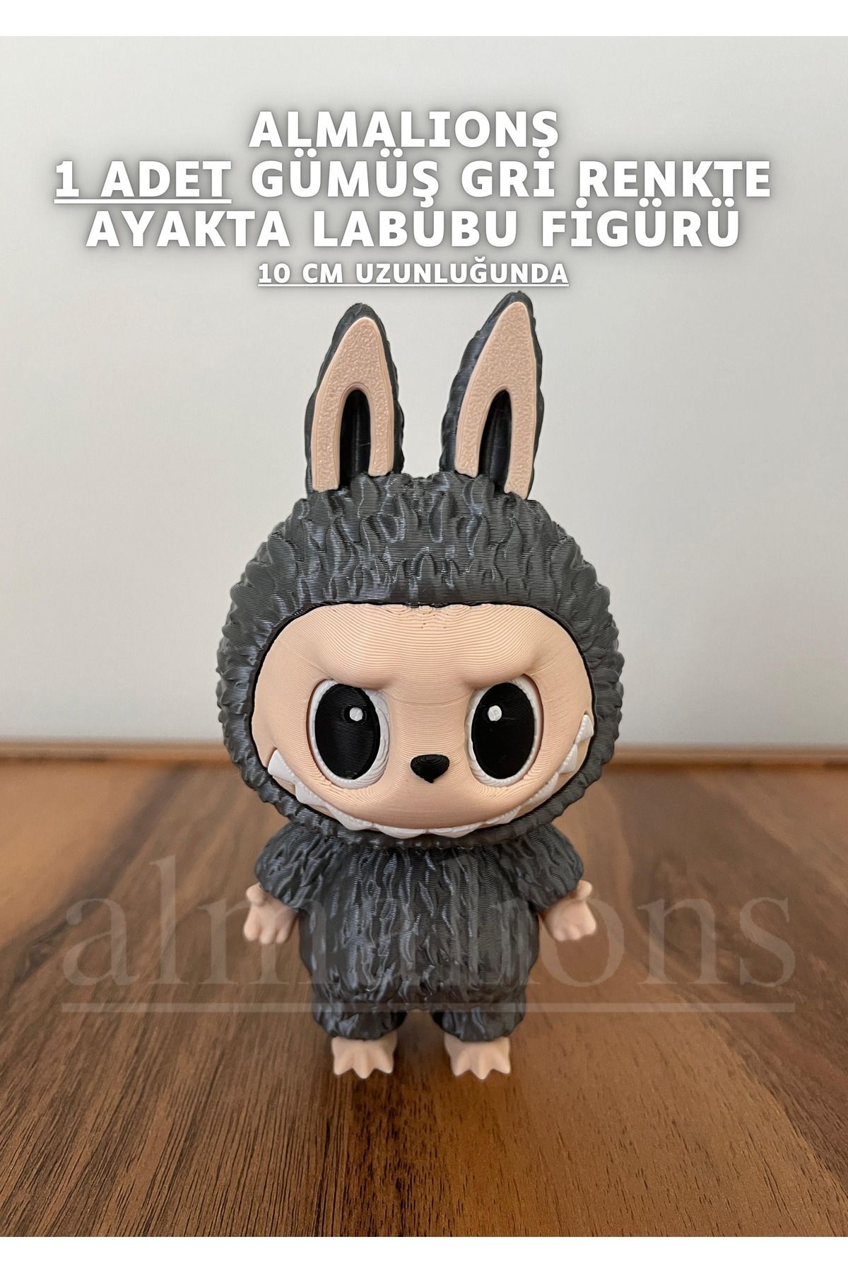 almalions Gümüş Gri Renkte Ayakta Labubu Figürü - 10 Cm - Plastik Figür - 1 Adet