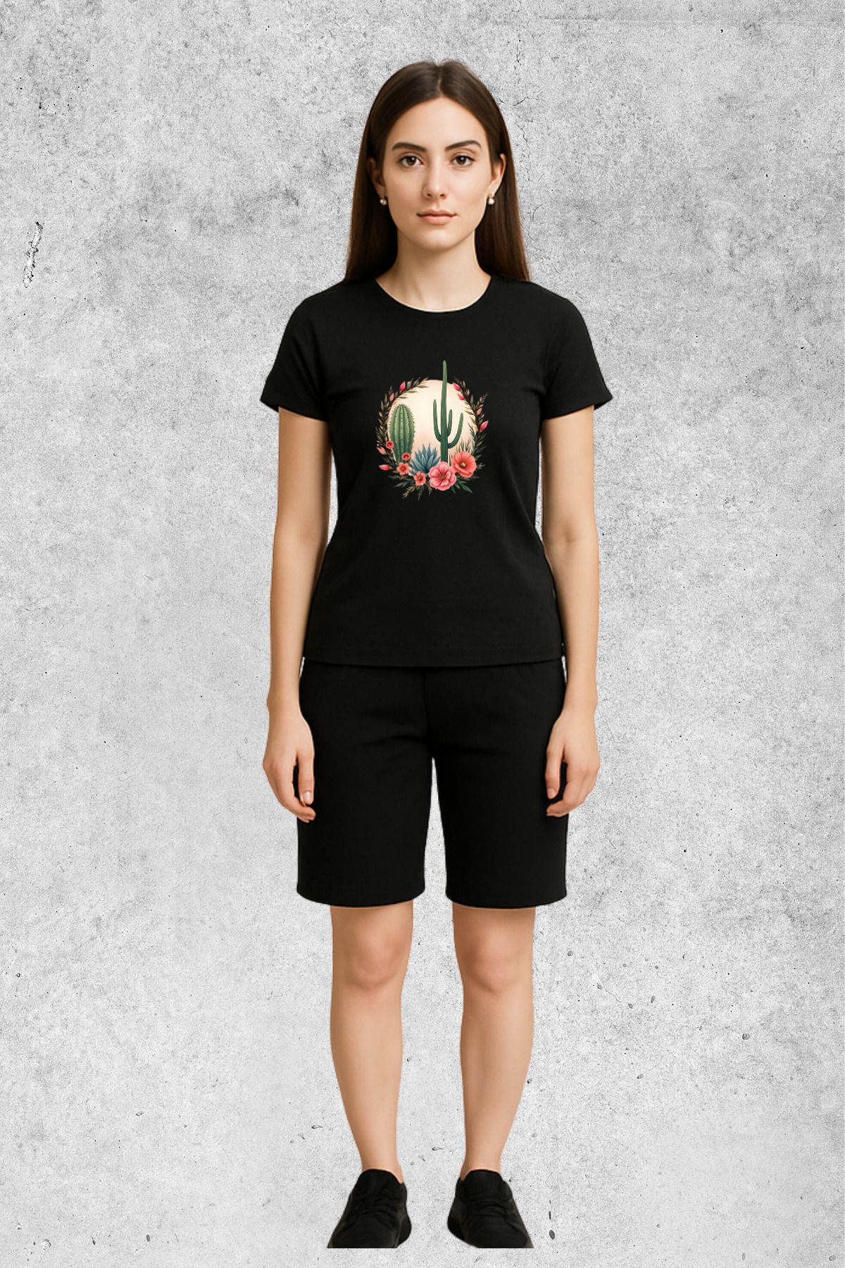 MOLICO Basic unisex sıfır yaka kısa kollu KAKTÜS baskılı tshirt