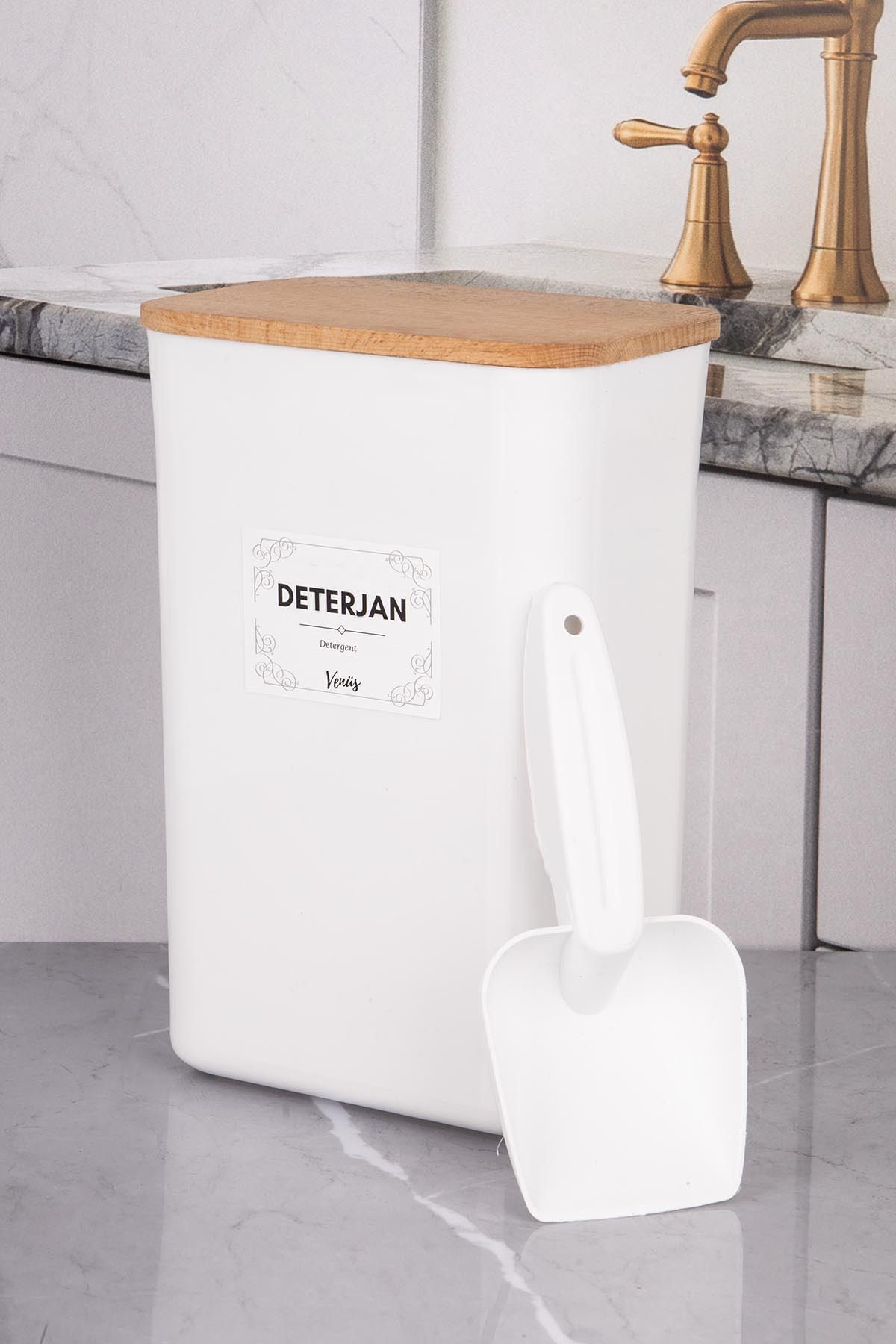 naturelove Ölçekli Beyaz Ahşap Vakum Kapak Toz Deterjan Saklama ve Düzenleyici Kutu 3 LT