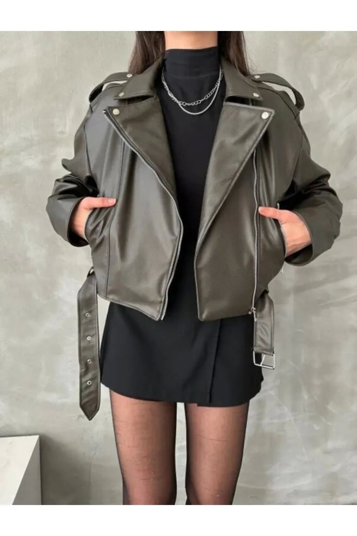 GENCULUS Kemerli Kadın Deri Ceket Yeni Sezon Oversize