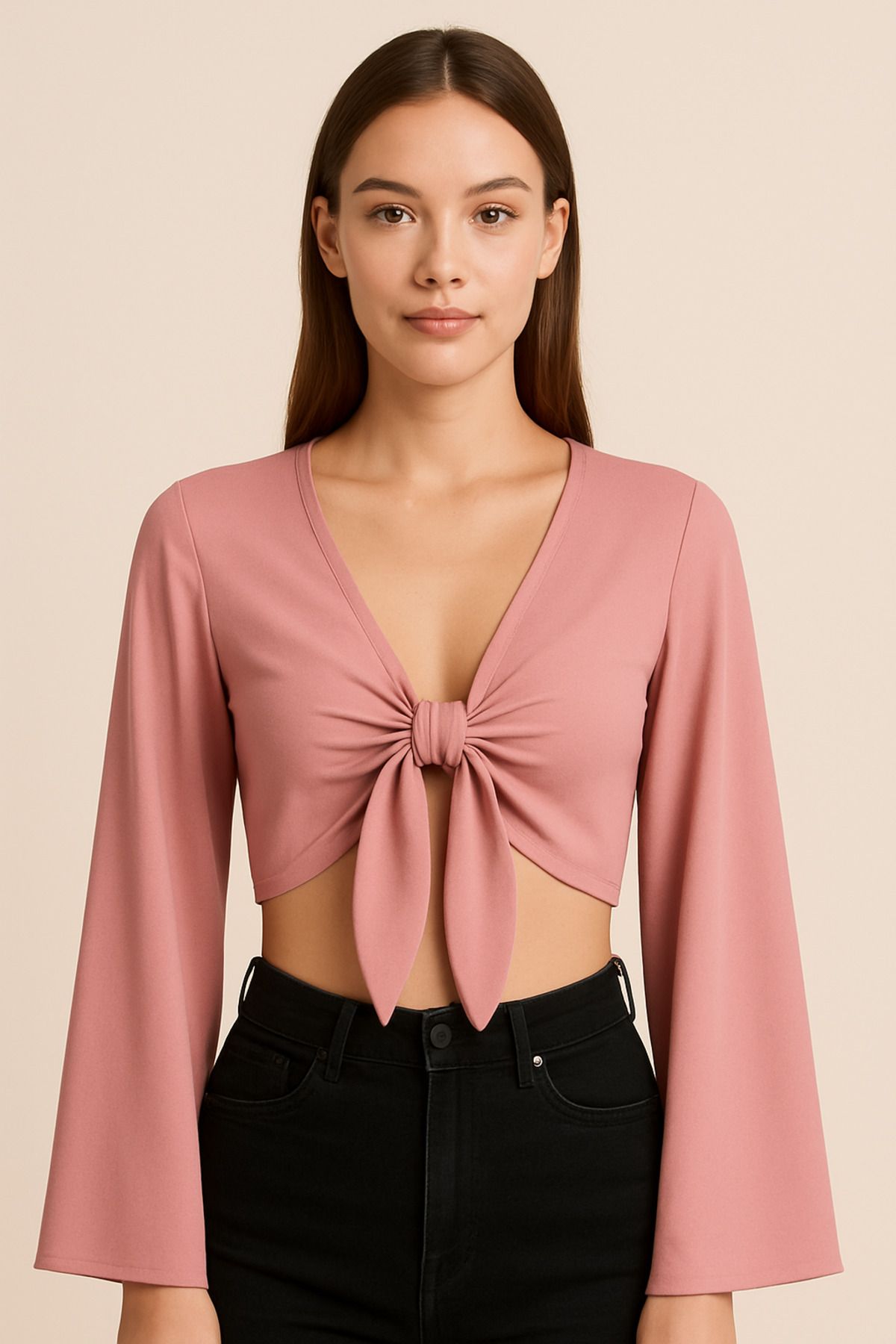 Misue Handmade Premium Kalite Bağlamalı Bluz, İspanyol kollu Crop Bağlamalı Bluz, Kısa Crop Dökümlü Bluz