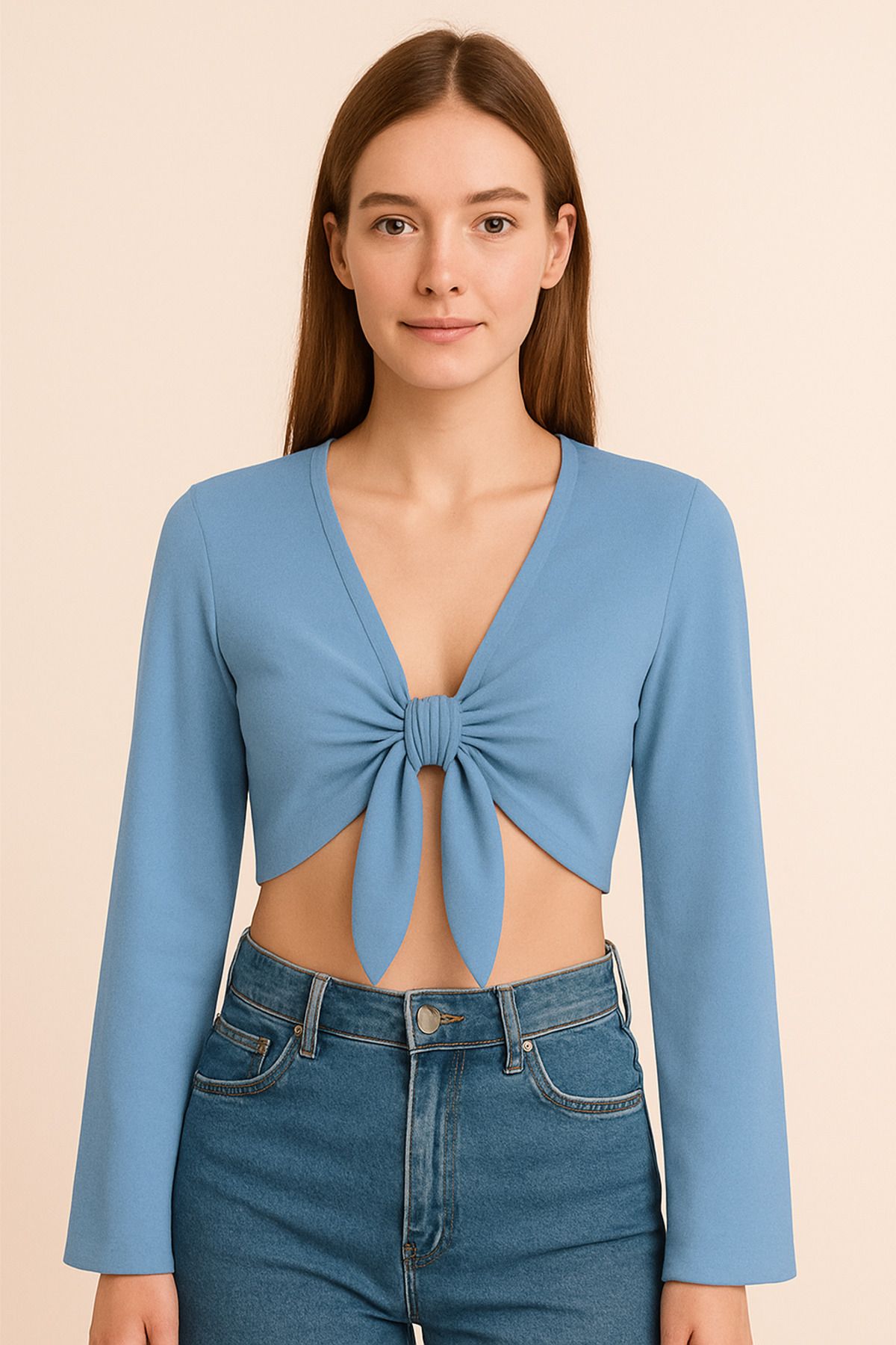 Misue Handmade Premium Kalite Bağlamalı Bluz, İspanyol kollu Crop Bağlamalı Bluz, Kısa Crop Dökümlü Bluz