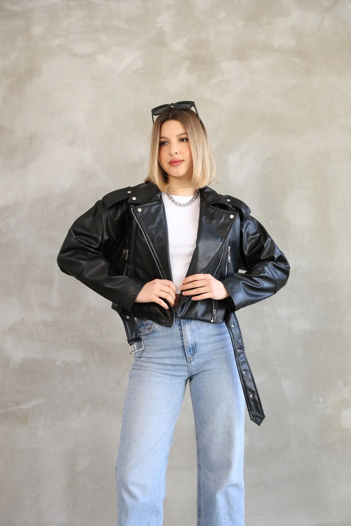 GENCULUS Kemerli Crop Deri Oversize Kadın Yeni Sezon Ceket