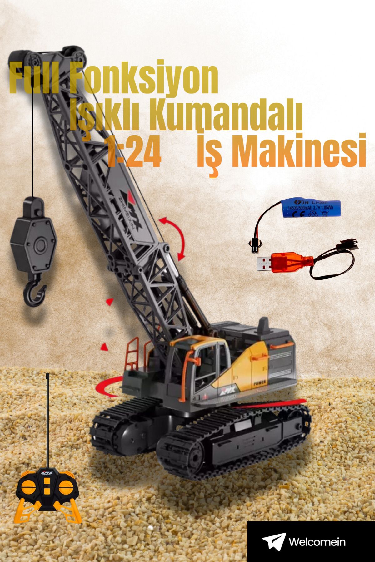 welcomein Uzaktan Kumandalı 1:24 Işıklı Kancalı İş Makinesi | 360° Dönüşlü Full Fonksiyon Araba