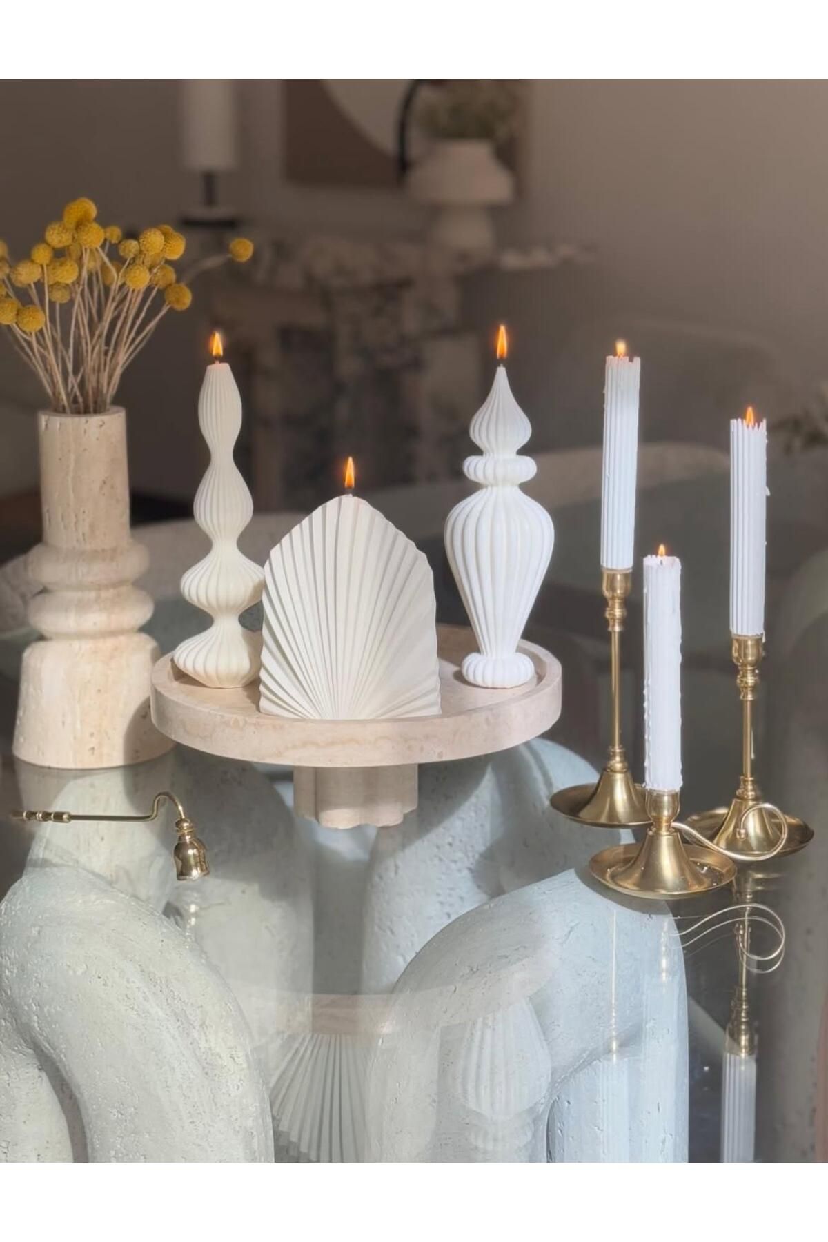 SCA CANDLE Dekoratif Mum Palm+Marako +Çizgili şamdan Mum +Marako Toplam 6 parça