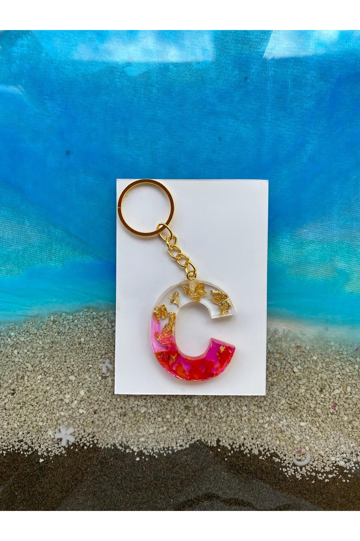 Yopoksi Desing EPOKSİ C HARFİ ALTIN VARAKLI, ÇİÇEK YAPRAKLI PEMBE ANAHTARLIK
