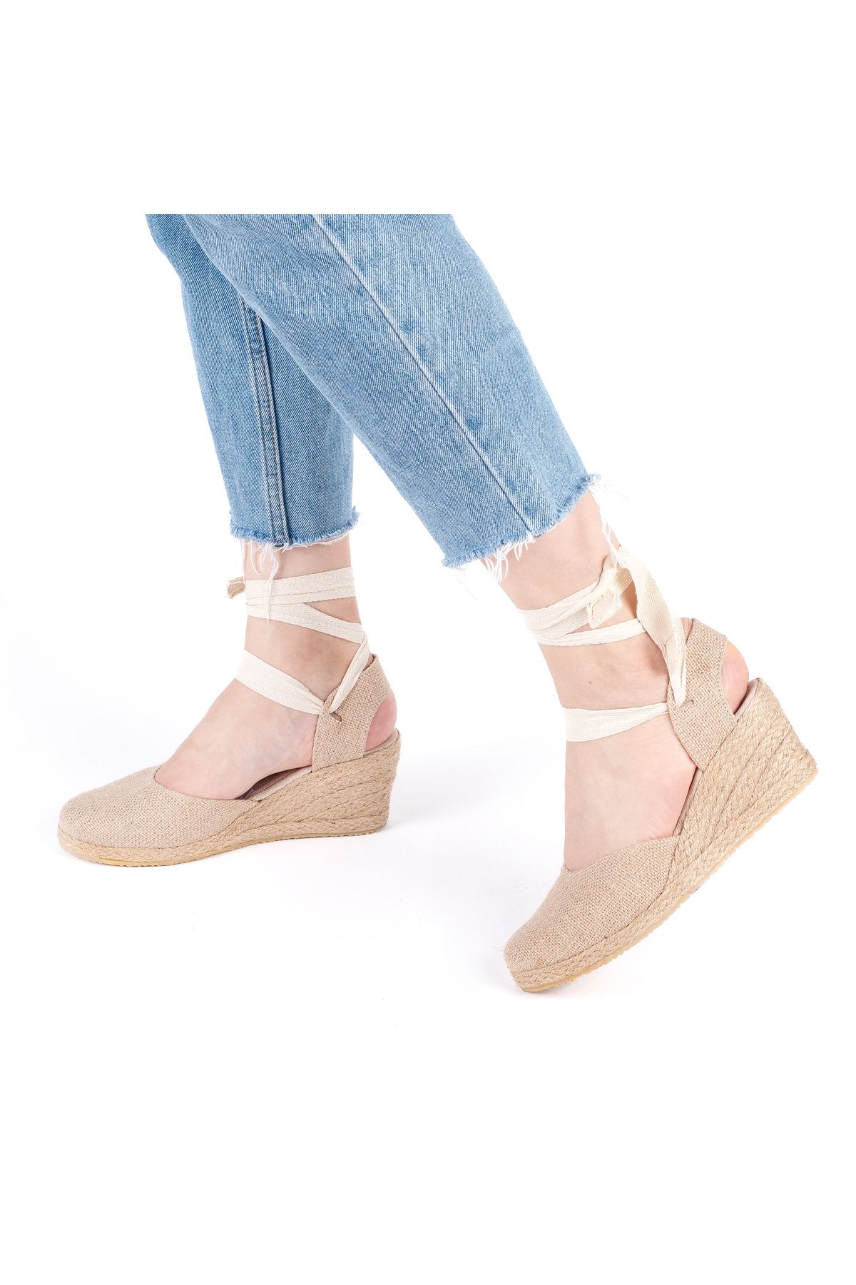 Star Tombis Gerçek Elişi Arkası Açık Geniş Ipli Dolgu Topuk Keten Kadın Espadril Handmade