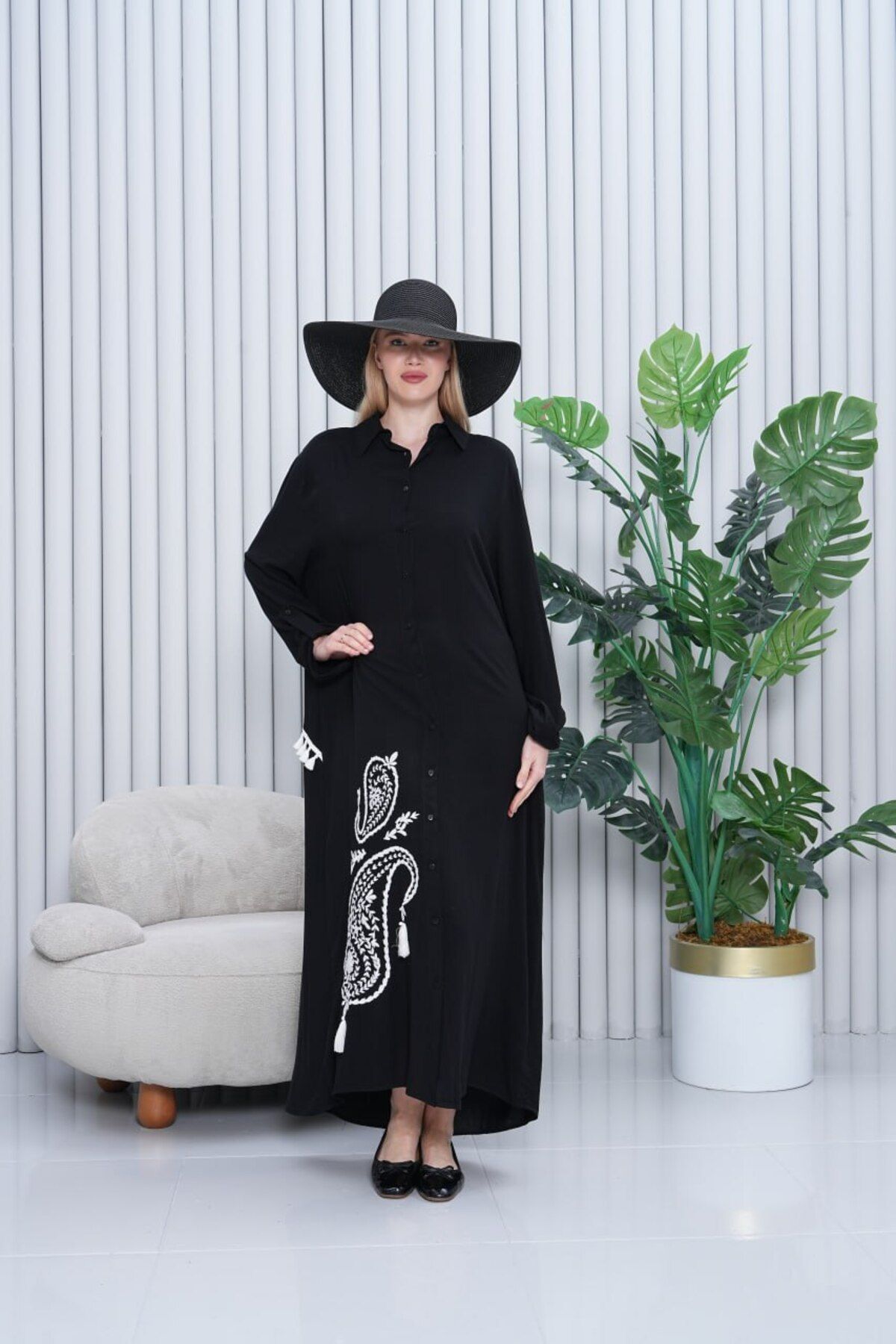 MERVIS BUTIK İŞLEMELİ VİSKON DÜĞMELİ UZUN ELBİSE