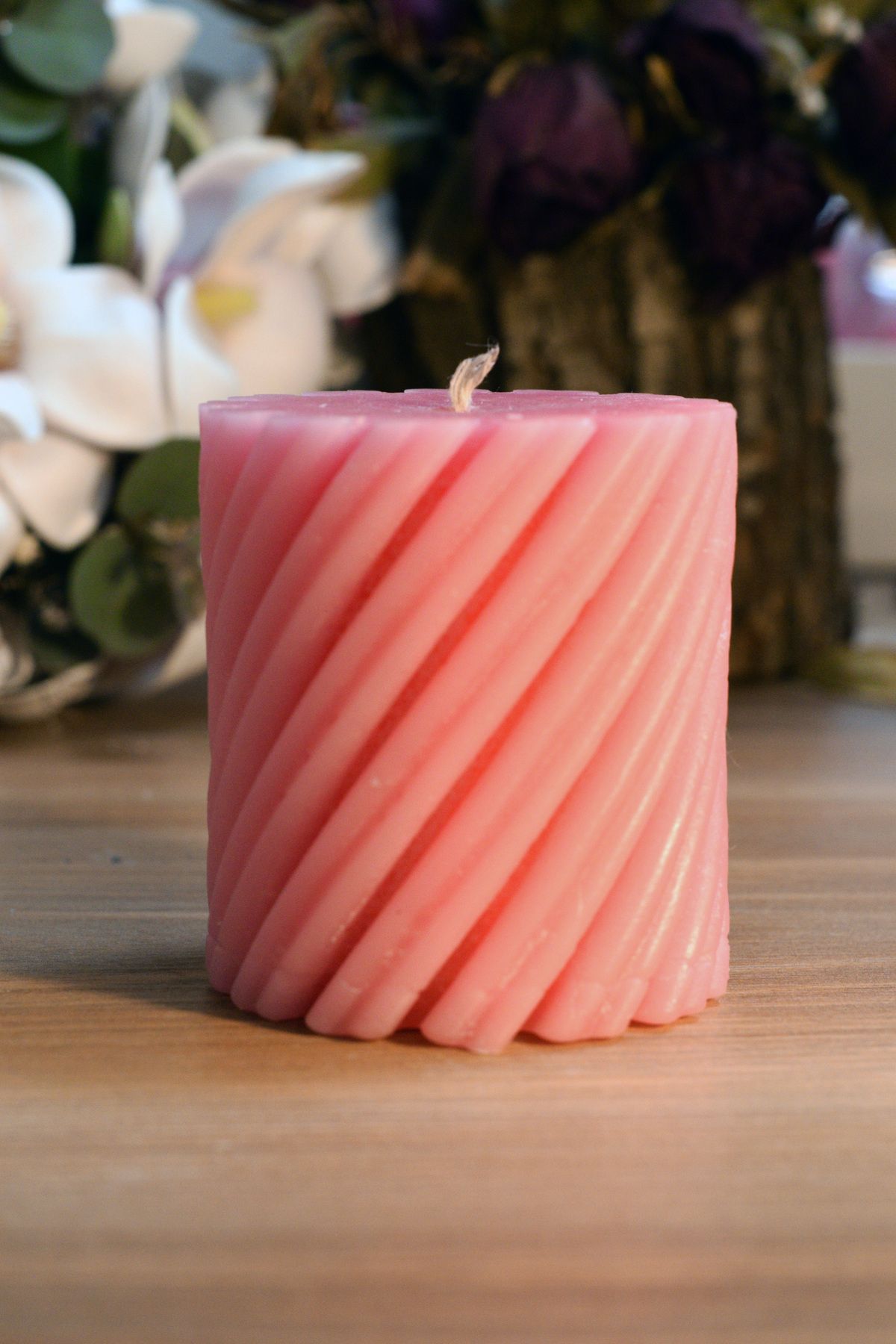 Arven Home Design Spiral Desenli Amber Kokulu Pembe Silindir Mum