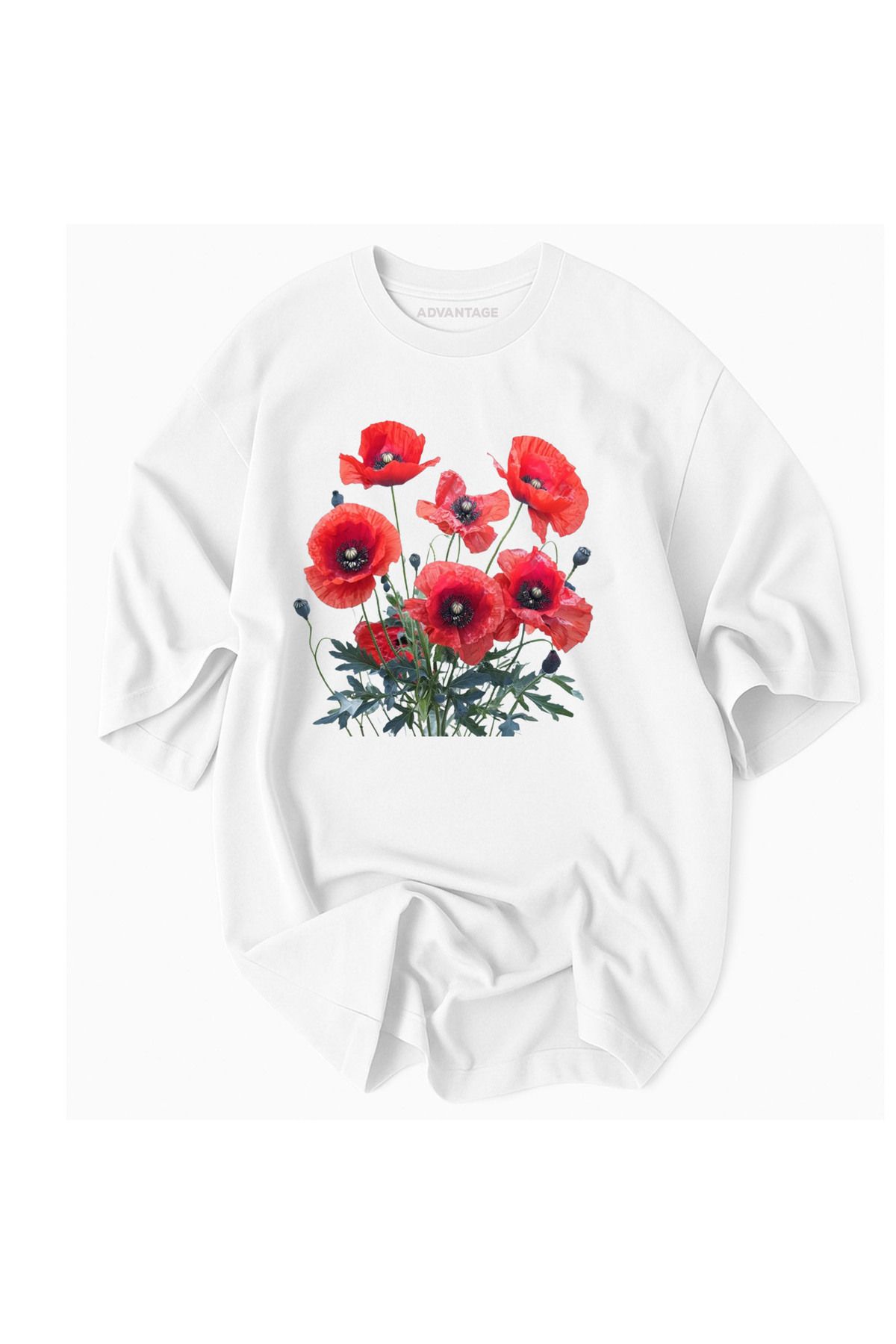 Advantage Kod Advantage Lale Gelincik Desenli Kadın Oversize %100 Pamuk- Advantage Premium Tshirt