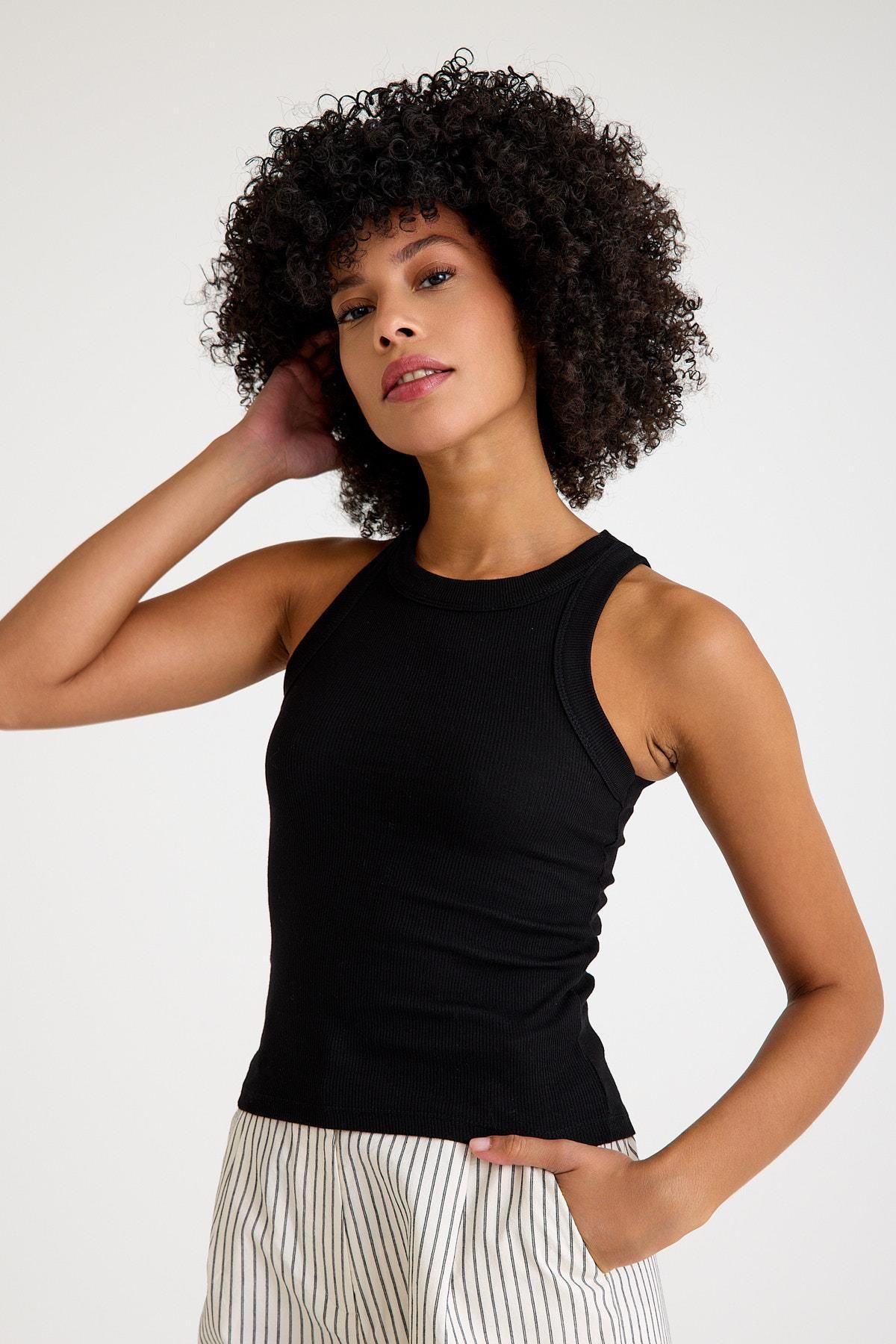 NİLİST Premium Halter Yaka Pamuk Kaşkorse Fitilli Kadın Siyah Atlet T-shirt Basic