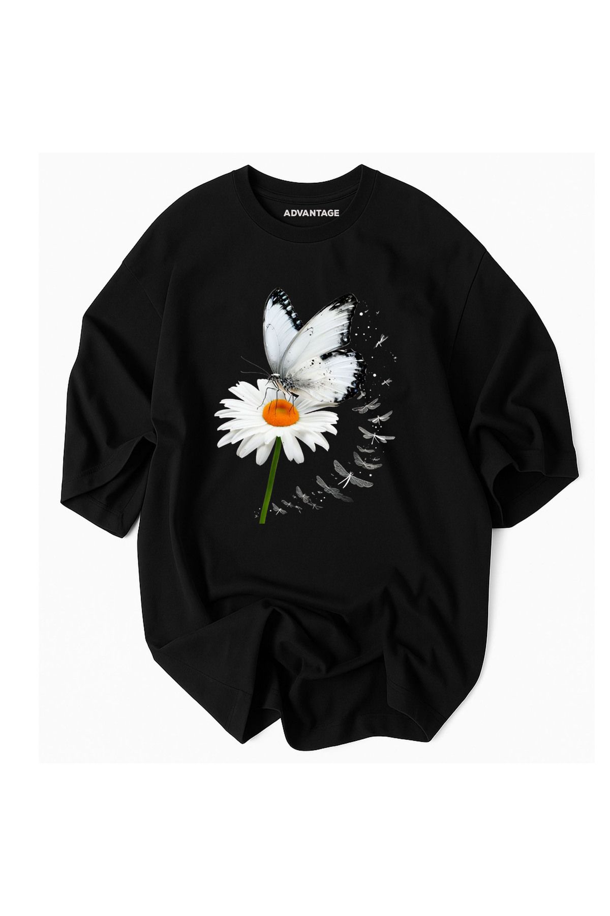 Advantage Kod Advantage Yaz Çiçek Kelebek Desenli Oversize %100 Pamuk- Advantage Premium Tshirt