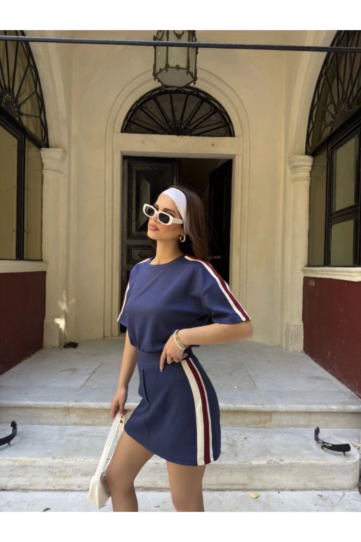 Omarı Osy Modal Yumuşak Dokulu Kumaş Parçalı Bisiklet Yaka T-shirt Mini Şortlu Etek İkili Takım -Lacivert