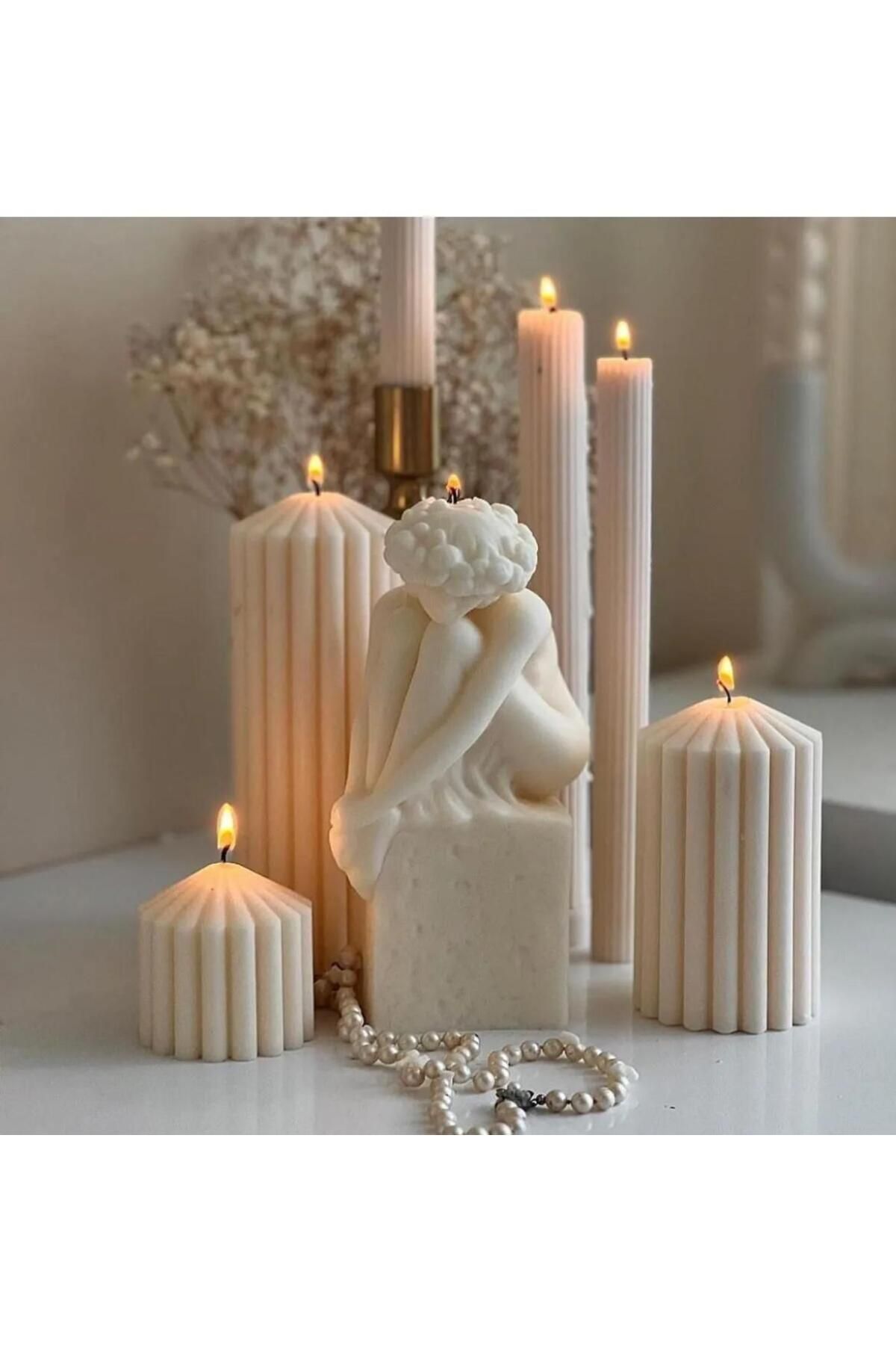 SCA CANDLE Dekoratif Mum Çokgen mum 20+15+10 +Taş Üstünde oturan kadın +çizgili Mum Toplam 7 parça