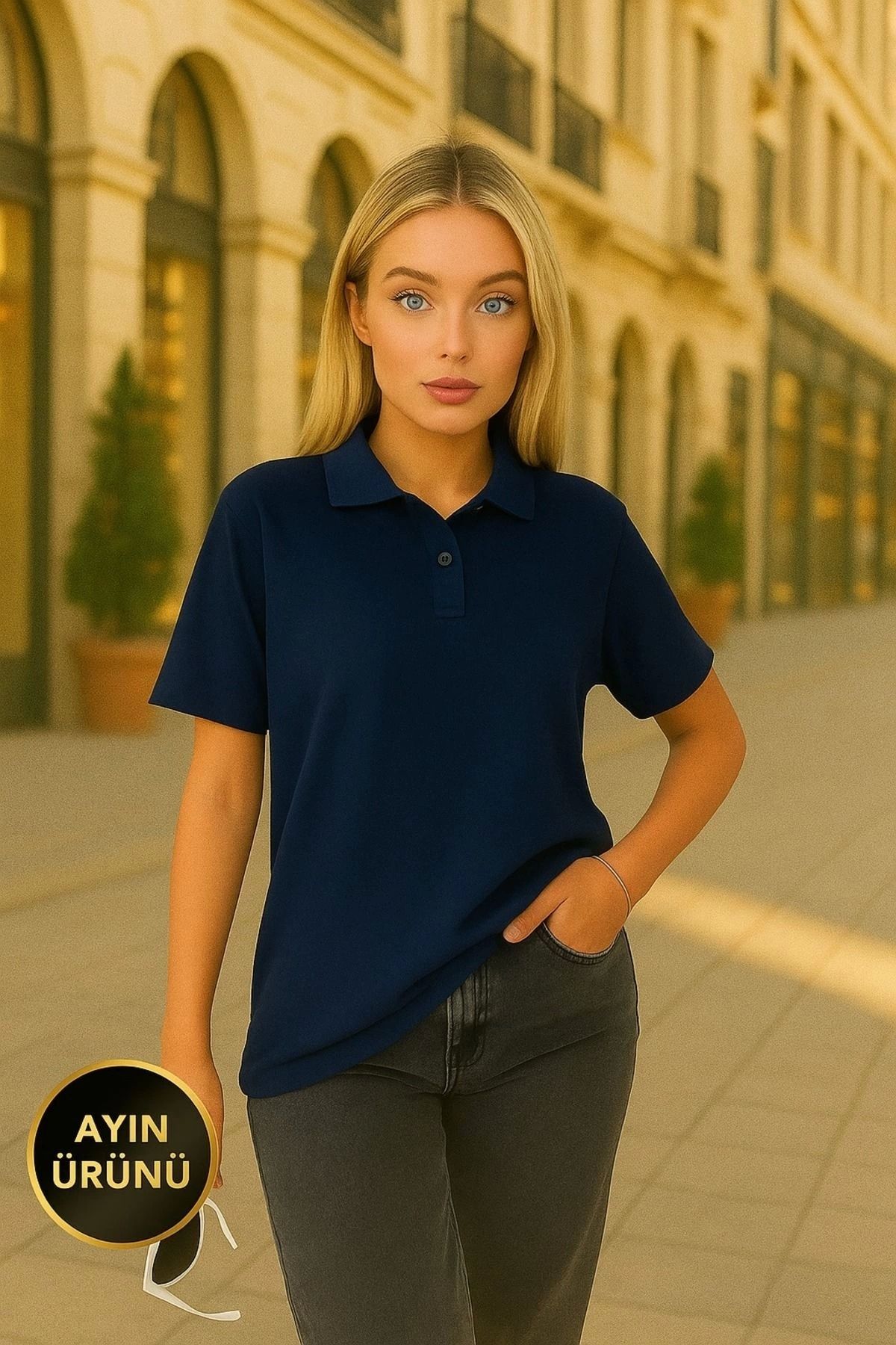 LC Waikiki LC WAI %100 Pamuk Standart Kalıp Pike Kumaş Kollu Kısa Yazlık Polo Yaka Kadın Tişört