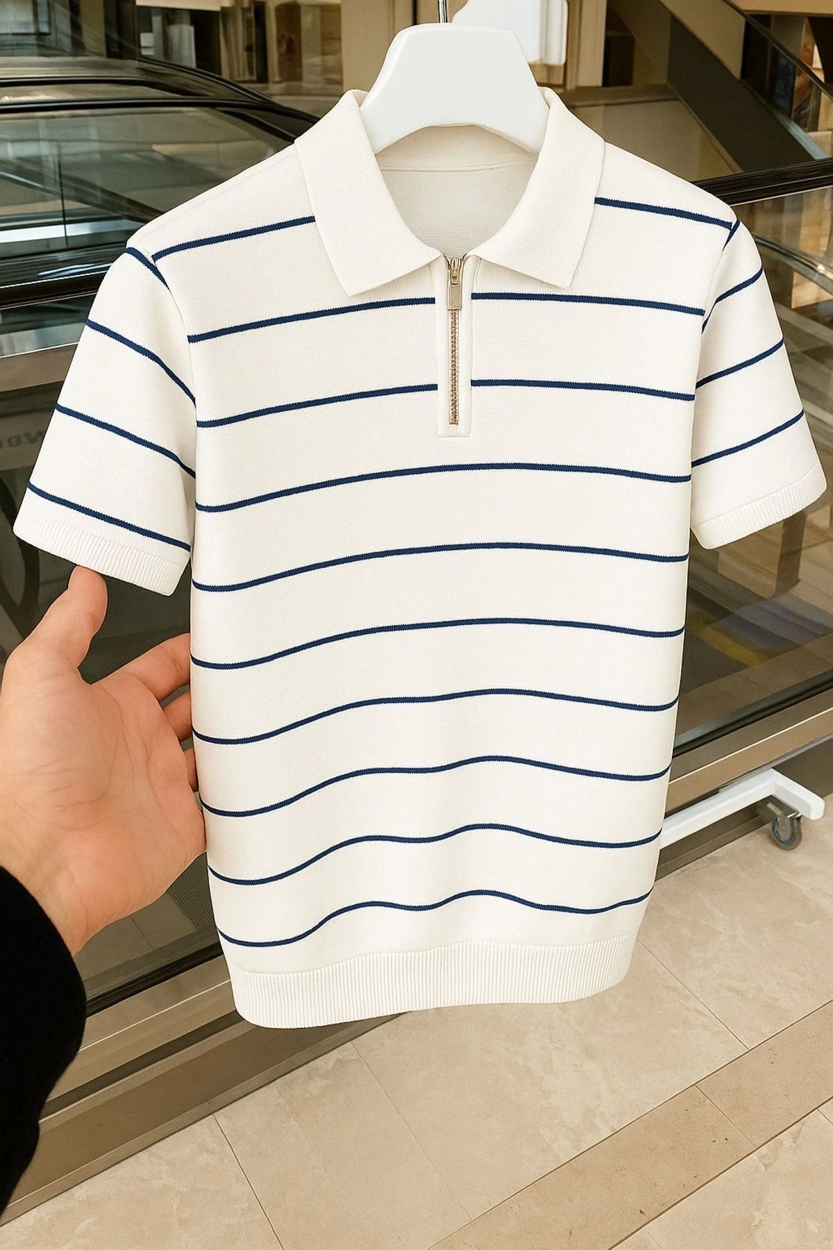 LC Waikiki LC WAIKI Premium Kalite Tarz Yeni Model Triko Erkek Çizgili Fermuarlı Yazlık Esnek Tişört.