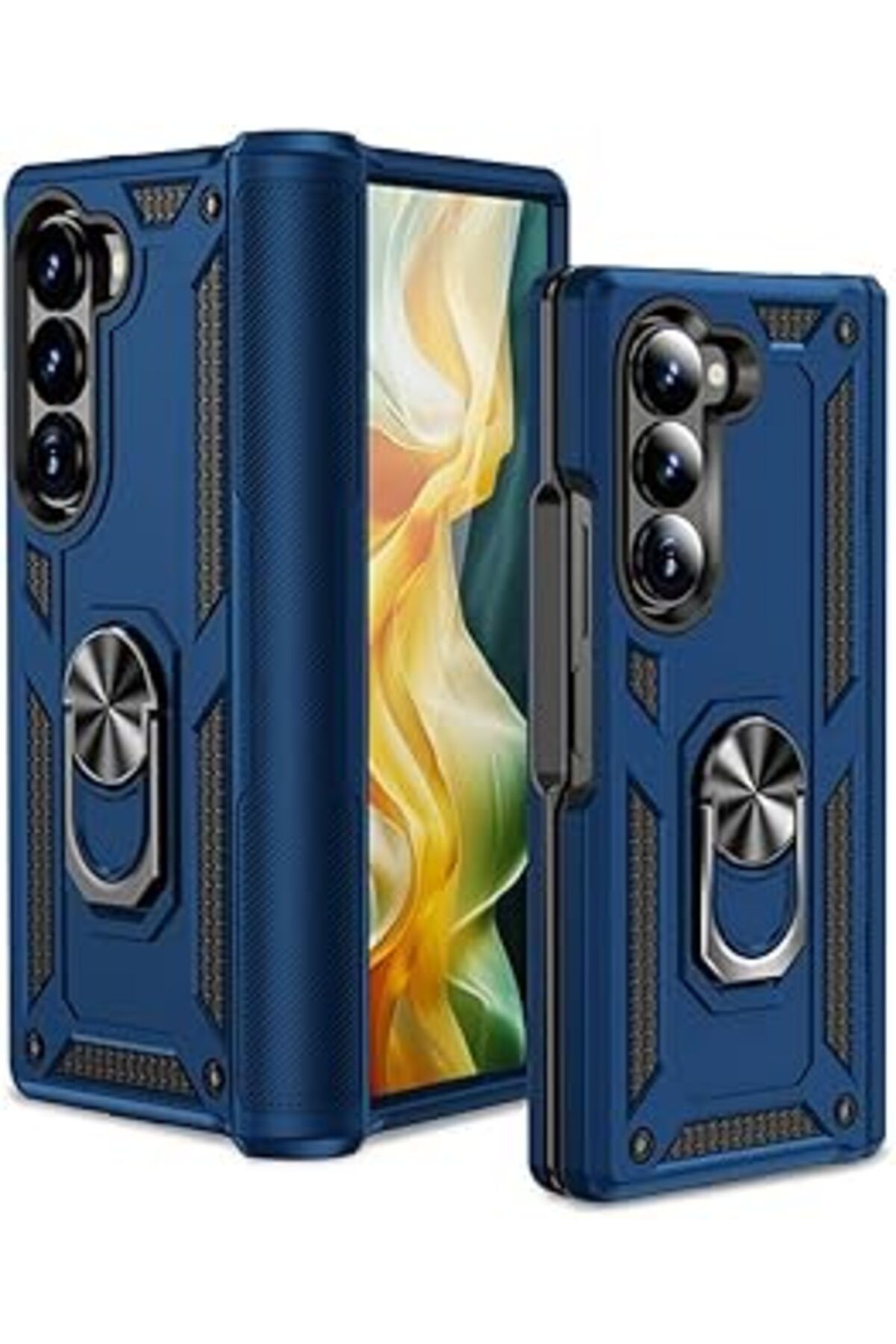 Karachil Samsung Galaxy Z Fold 6 Uyumlu Kamera Korumalı Yüzüklü Standlı Tank Kılıf (Mavi, Samsung Galaxy Z F