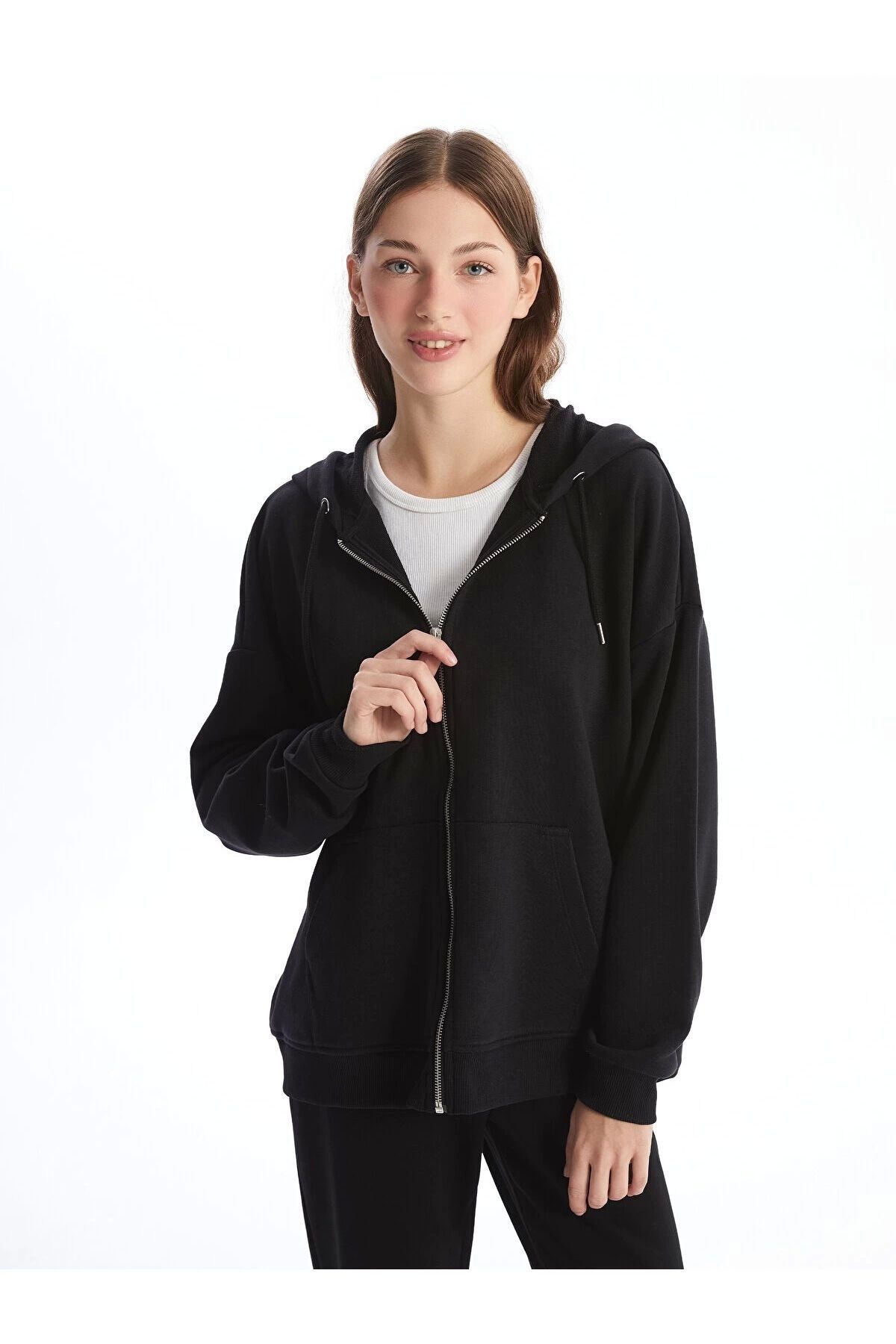 LC Waikiki LCWAIKIKI Lw - Kapüşonlu Düz Oversize Kadın Fermuarlı Sweatshirt