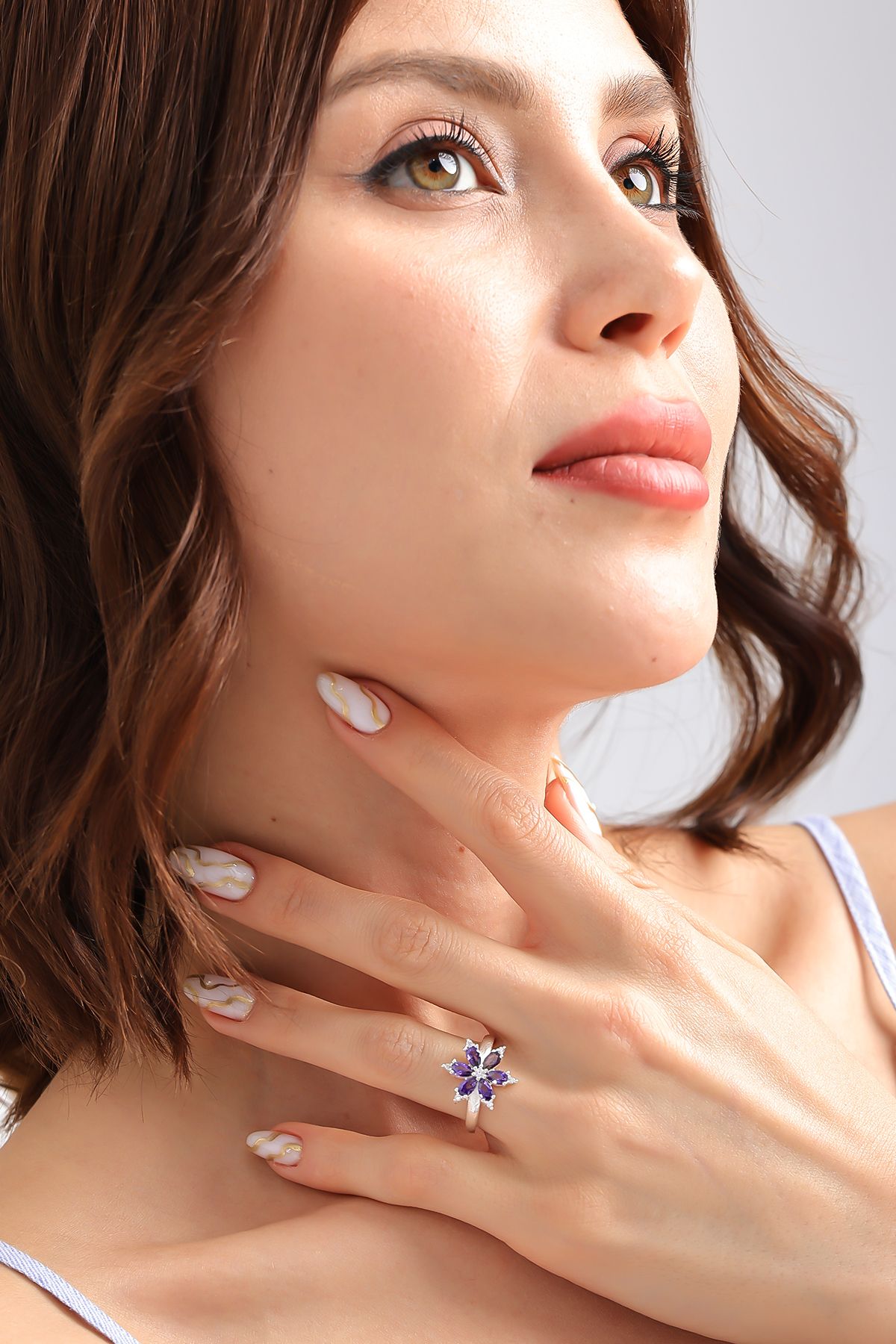 Lucente Jewellery Özel Hediye Kutulu Mor Lotus Çiçeği Ametist Taşlı Gümüş Kaplama Ayarlanabilir Manolya Çiçeği Yüzük