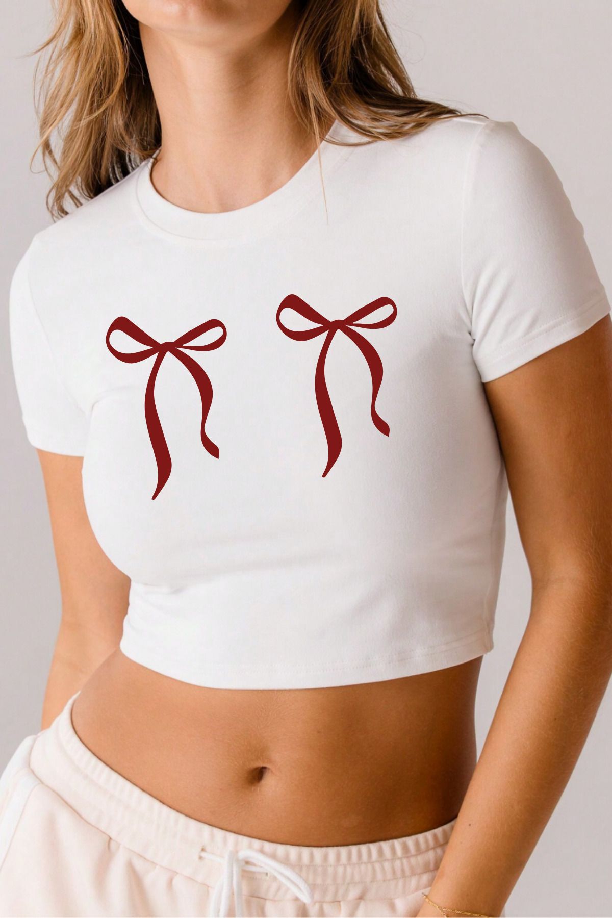 NAKRUF Kadın KURDELE Renkli Özel Baskılı %100 Pamuklu Bisiklet Yaka T-Shirt Tişört Crop