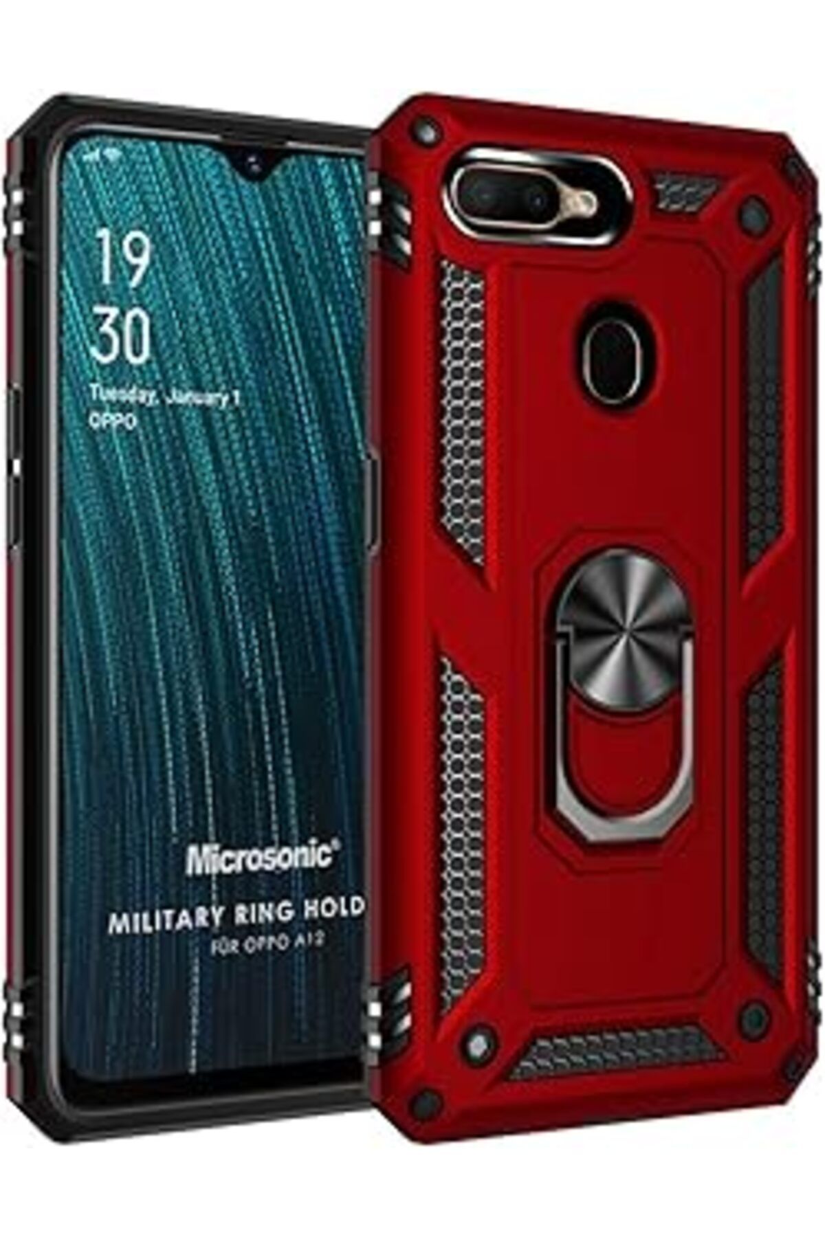 Pazarcan Microsonic Oppo A12 Kılıf Military Ring Holder Kırmızı
