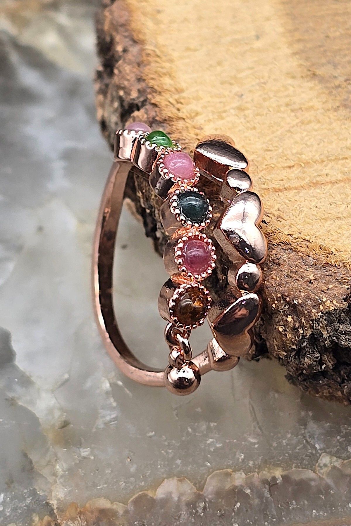 NBS Beautiful Naturel Stones Turmalin Taşlı Kalpli Yüzük Ayarlanabilir Kaliteli
