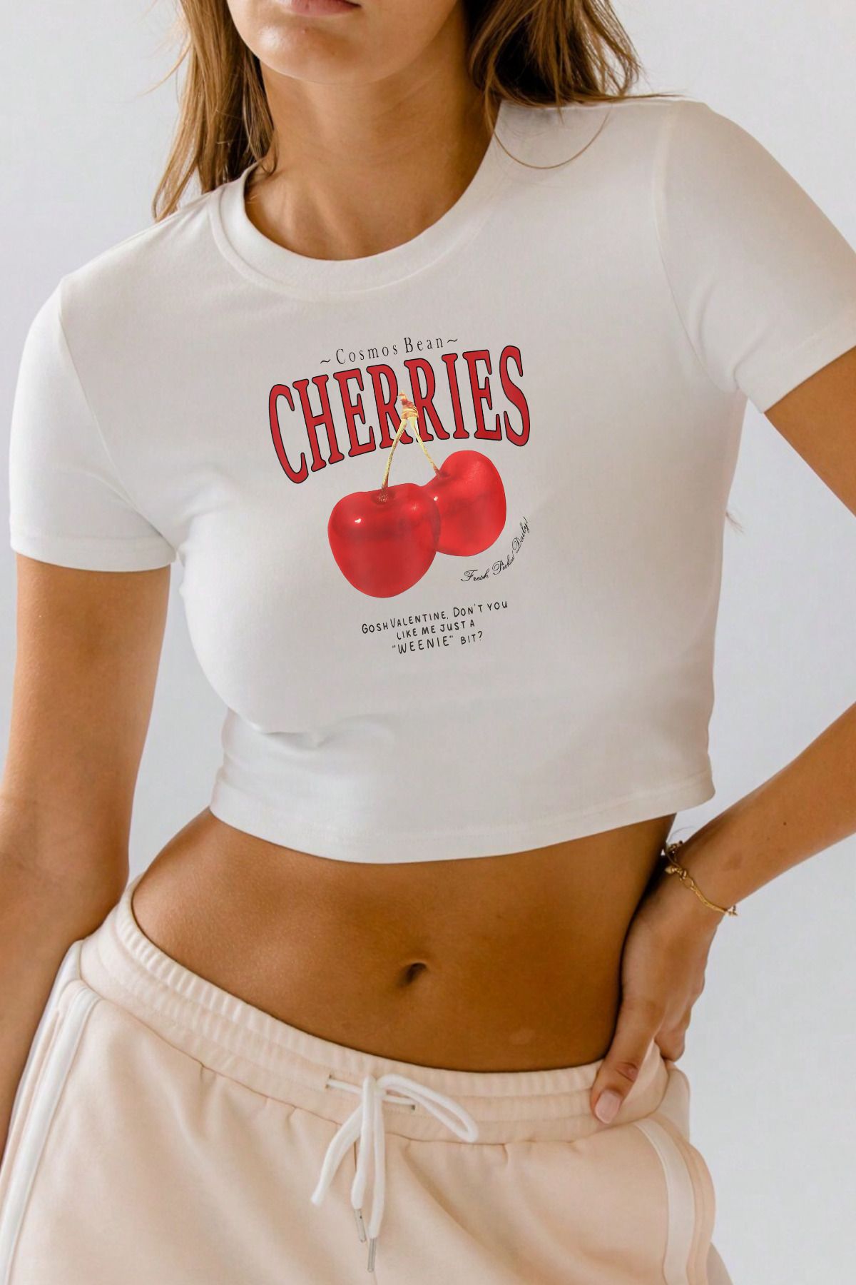 NAKRUF Kadın CHERRIES Özel Baskılı %100 Pamuklu Bisiklet Yaka T-Shirt Tişört Crop