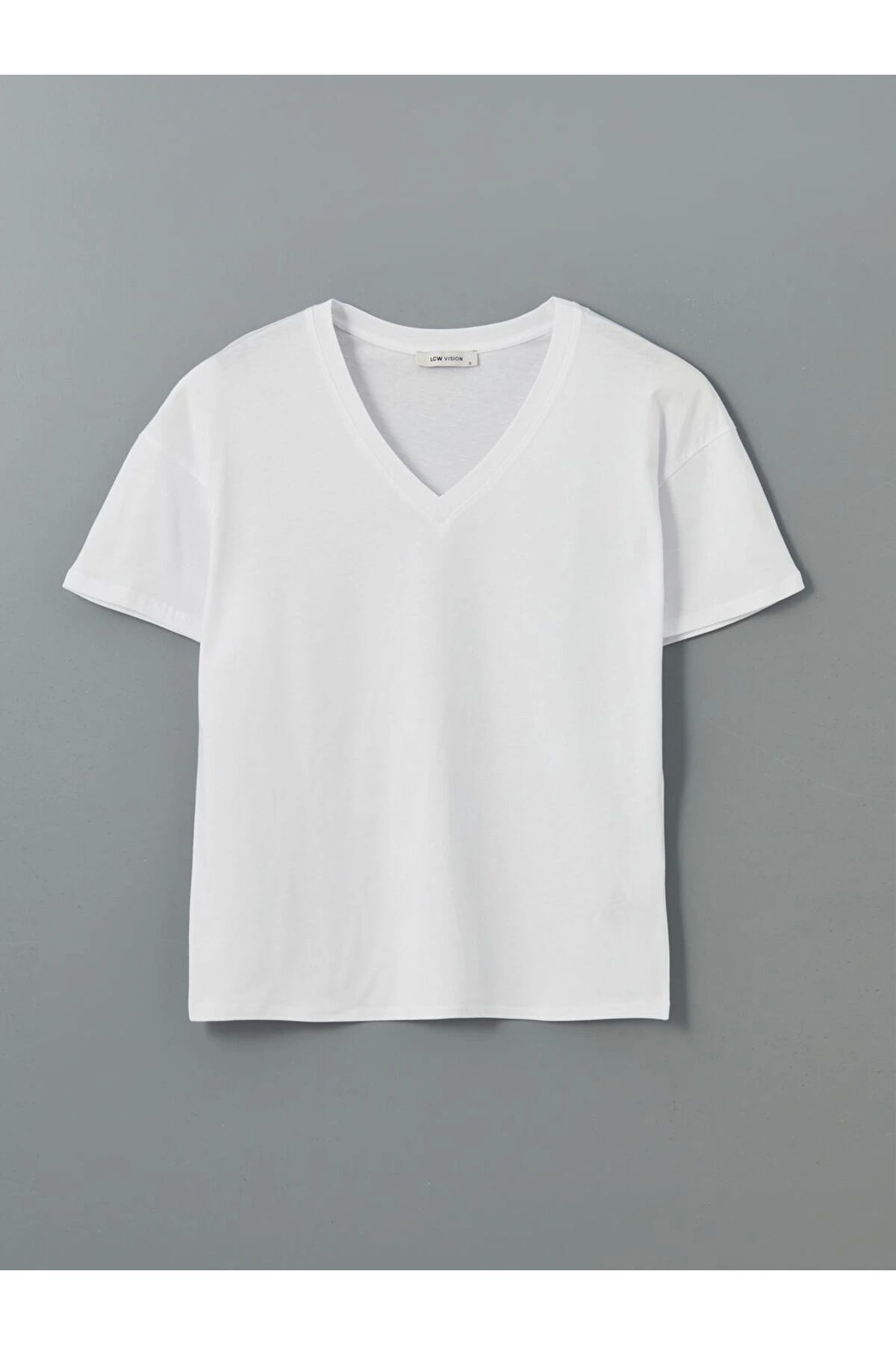 LC Waikiki LCWAIKIKI Vision Beyaz V Yaka Oversize Kadın Tişört
