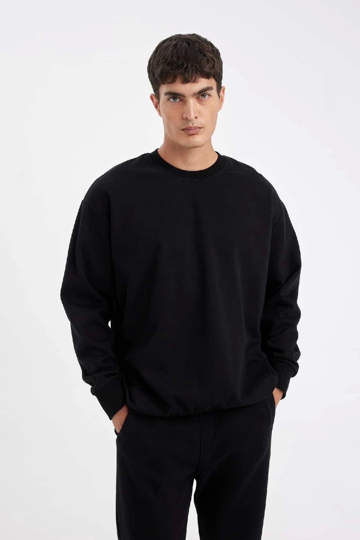 LC Waikiki LCWAIKIKI DFC- Siyah Oversize Fit Geniş Kalıp Bisiklet Yaka Kalın Kumaş Basic Düz Sweatshirt T5139az