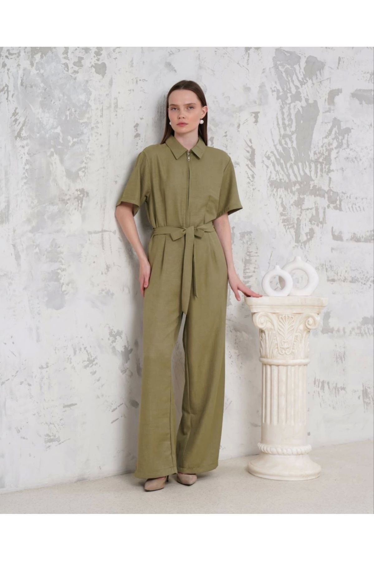ufukmoda Kuşaklı gömlek yaka salaş tulum haki s255822