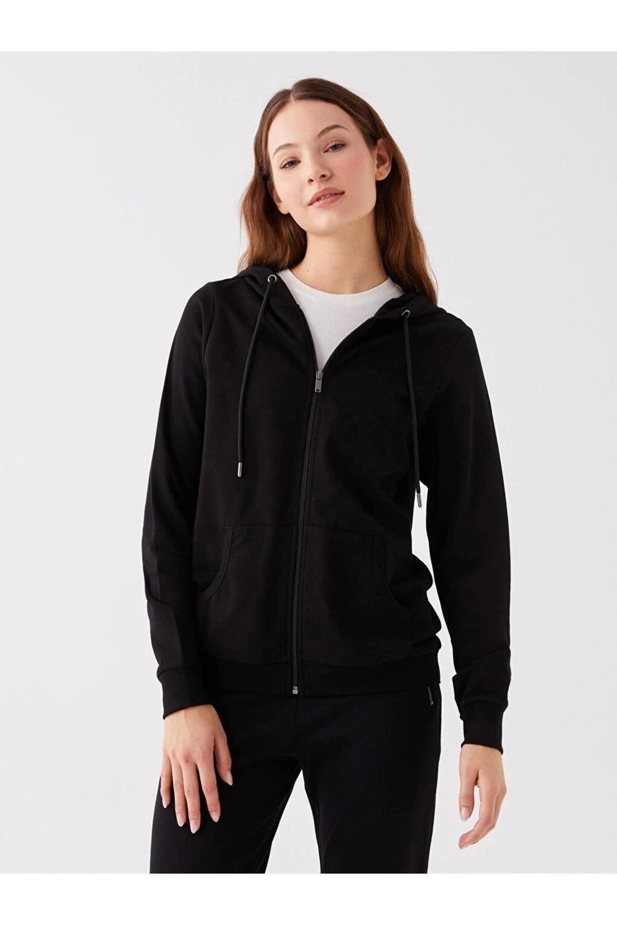 LC Waikiki LCWAIKIKI Basic Kapüşonlu Düz Uzun Kollu Kadın Fermuarlı Sweatshirt