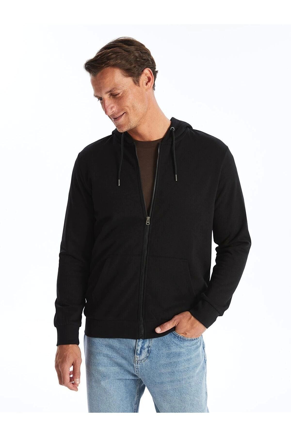 LC Waikiki LC Classic Siyah Kapüşonlu Uzun Kollu Erkek Kalın Fermuarlı Sweatshirt