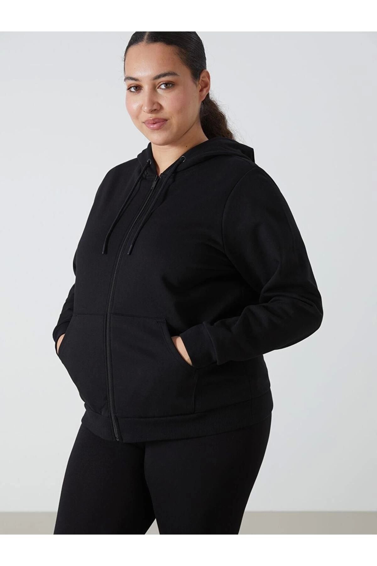 LC Waikiki LCWAIKIKI Basic Kapüşonlu Düz Uzun Kollu Kadın Fermuarlı Sweatshirt