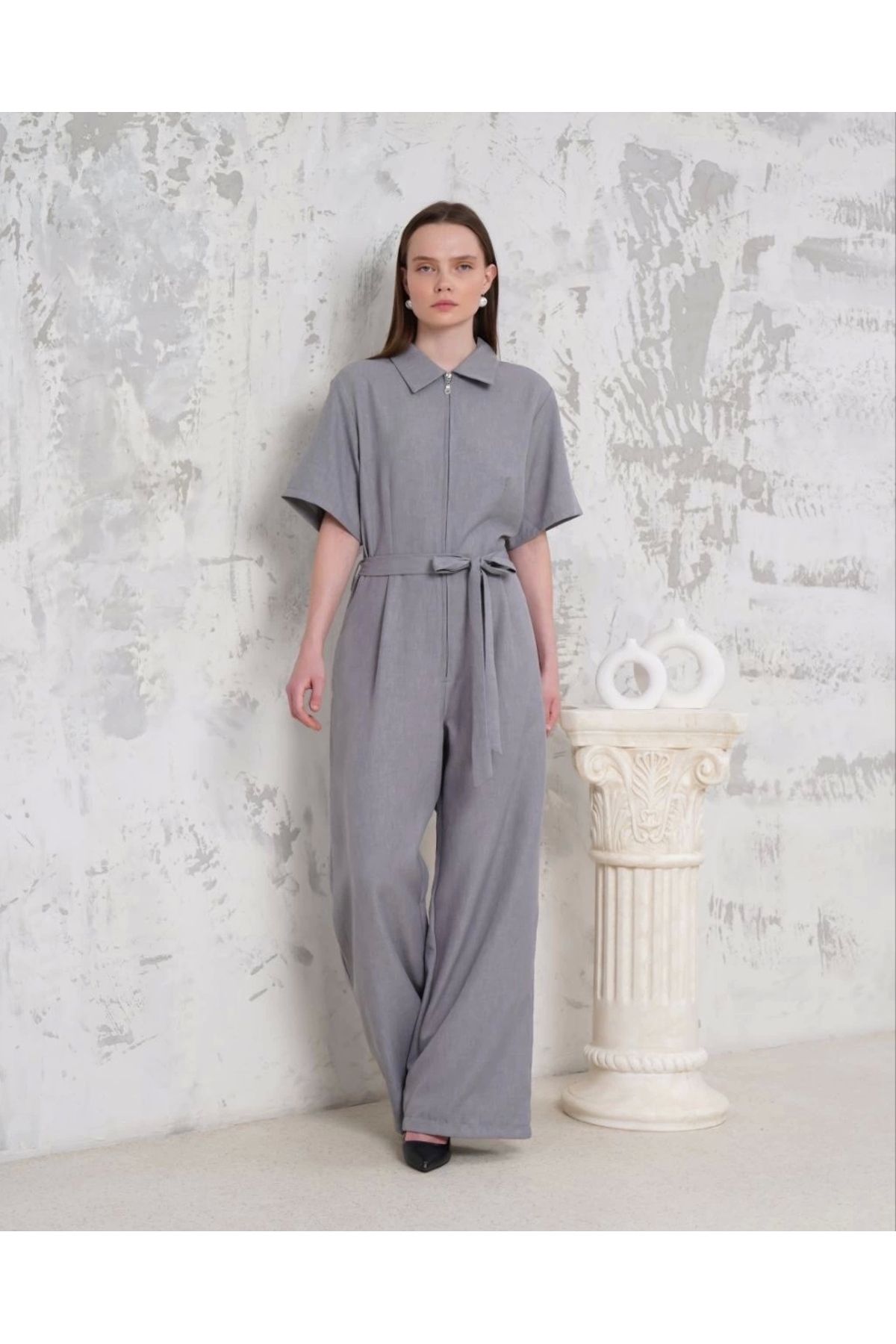 ufukmoda Kuşaklı gömlek yaka salaş tulum gri s255822