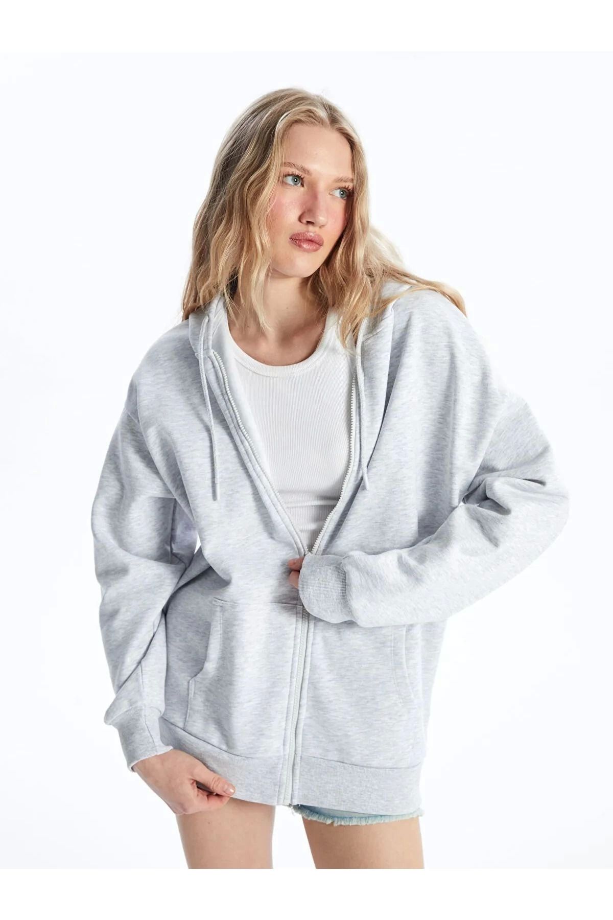LC Waikiki LCWAIKIKI XSIDE Gri Melanj Kapüşonlu Oversize Kadın Fermuarlı Sweatshirt
