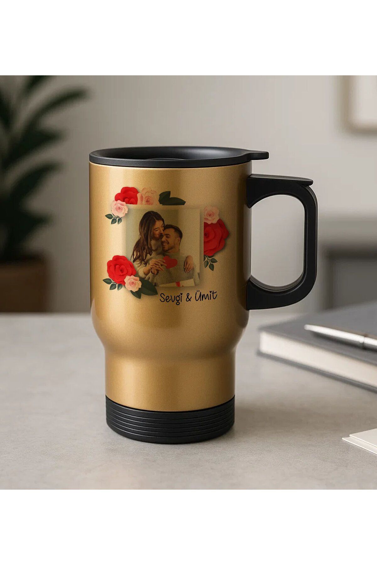 Bk Gift Kişiye Özel İsimli Fotoğraflı Kulplu Gold Çelik Bardak Termos Mug 450ml-1, Sevgiliye Hediye,